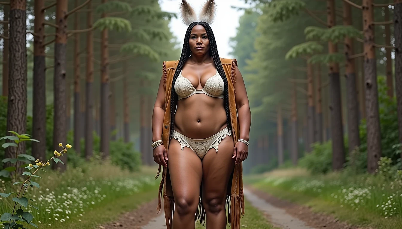 photo of woman CSTMDL, a medium shot photo of, a slim woman, her full body is in the scene, she has a slender petite build with petite small boobs and a flat chest, she has small dark skin nipples with long pointy nipple ducts and small dark skinned areolas, her hair is styled with two long braids she has eagle plumes in her hair, she is not wearing earrings, she is wearing daisy duke denim booty shorts, she is wearing a native American style vest in a golden yellow color over top of her underwear, her vest is open exposing her strapless bra, her bra is a strapless white lace bra, she is wearing white lace panties, she is wearing ankle height smoked hide moccasins, natural lighting, natural light, amateur photography, shot on an iPhone, she is standing with her legs spread wide apart in a densely wooded forest, she is maintaining intense eye contact with the camera, there is a giant native American fat man twice her height standing up directly behind her holding onto the woman's booty, the man is holding her up suspended in the air in front of him, the man is a real giant, public setting, Hyper realism, ultra-sharp focus, highly detailed, natural lighting, natural light, amateur photography,