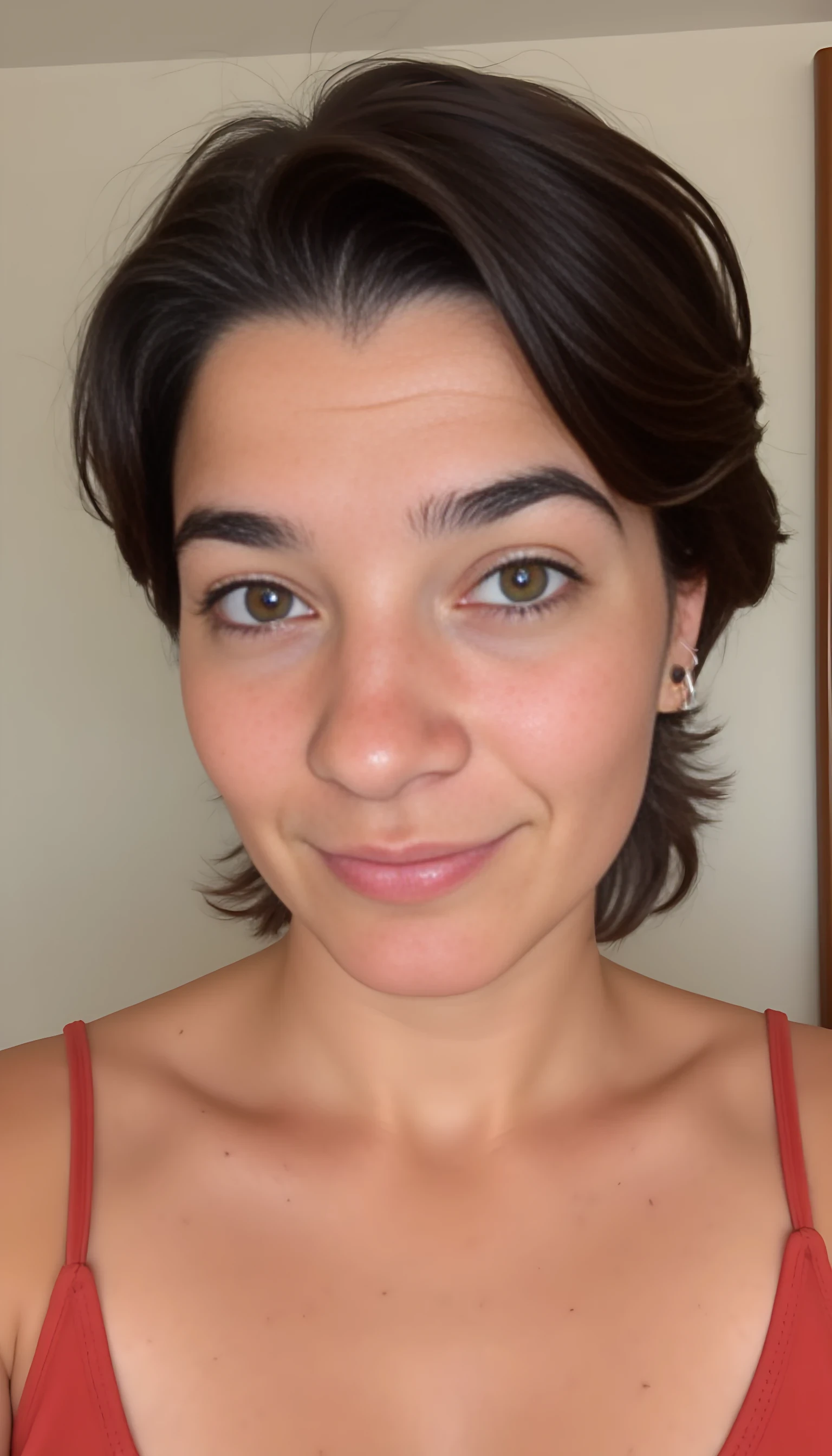 CSTMDL sexy medium quality photo circa 2015, A young woman with an average body and a warm smile She has medium to short, dark brown hair that’s thick and full, with a low hairline framing her face naturally. Her skin has a warm, olive-toned Mediterranean glow. Her nose is wide but well-balanced, giving her face a distinct and strong character. Her lips are small but pouty, adding softness to her features. She wears several ear piercings, including a small tunnel that stands out subtly.