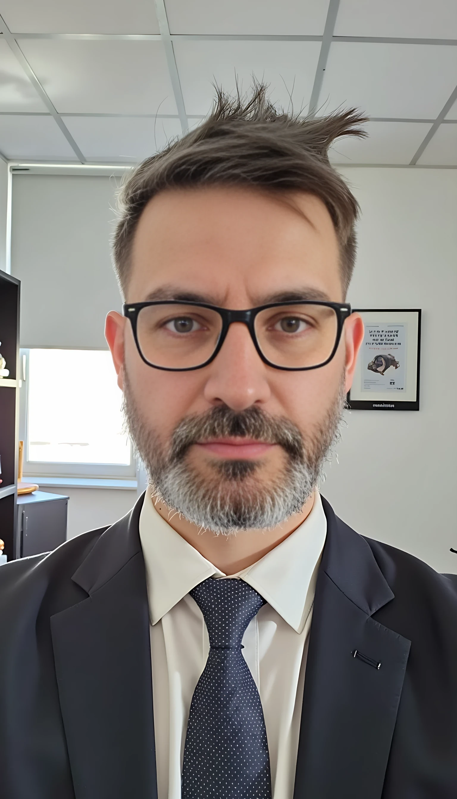 The face is identical to the one in the first seed 8032903. Full body image. wearing a modern and expensive fashion outfit. He is wearing a suit and modern Ray-Ban reading glasses. Slim but muscular build. He is facing the camera directly, as if posing for a LinkedIn profile picture. He looks like a CEO of a huge corporation. His forehead is not that large.