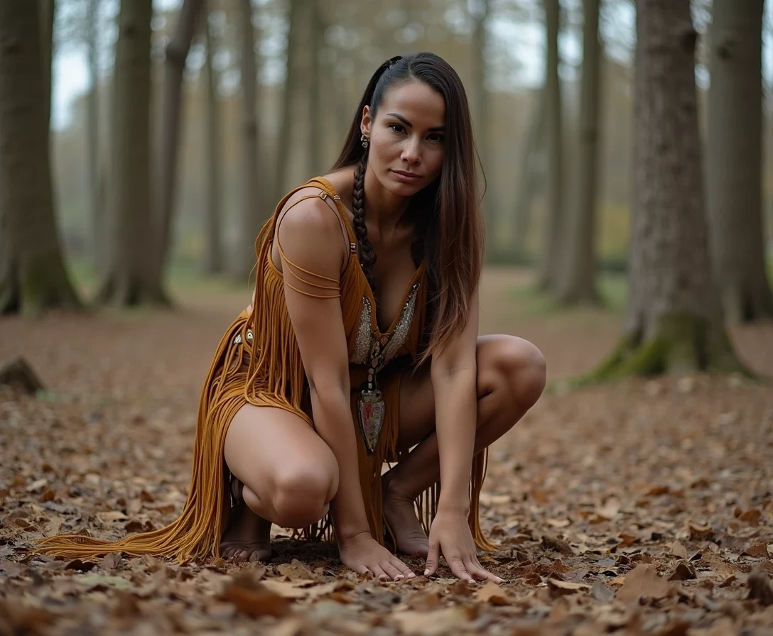 A medium shot photo of woman CSTMDL, a 25-year-old native American woman. The woman who is Native American in appearance has white skin tone, she is short, huge sized boobs, her nipples are large size and dark pink skinned areolas, She is wearing her hair in a native American style with 2 long braids, She is wearing a sexy native American leather outfit with a fringe breechcloth in a golden yellow color, in a wooded area she is bent over on all fours with her legs spread wide apart, her knees are on the ground, maintaining intense eye contact with the camera staring stoically without any other expression at all. The composition captures a casual, candid moment, romantic setting, Hyper realism, captured with a nikon d850, 16k, uhd, ultra-sharp focus, depth of field, perfect meshes and textures, highly detailed, highly accurate reflections, volumetric fog, volumetric lighting, volumetric light, hdr, ray tracing, cinematic shooting style, her entire body is in the frame including her hands which are on the ground 