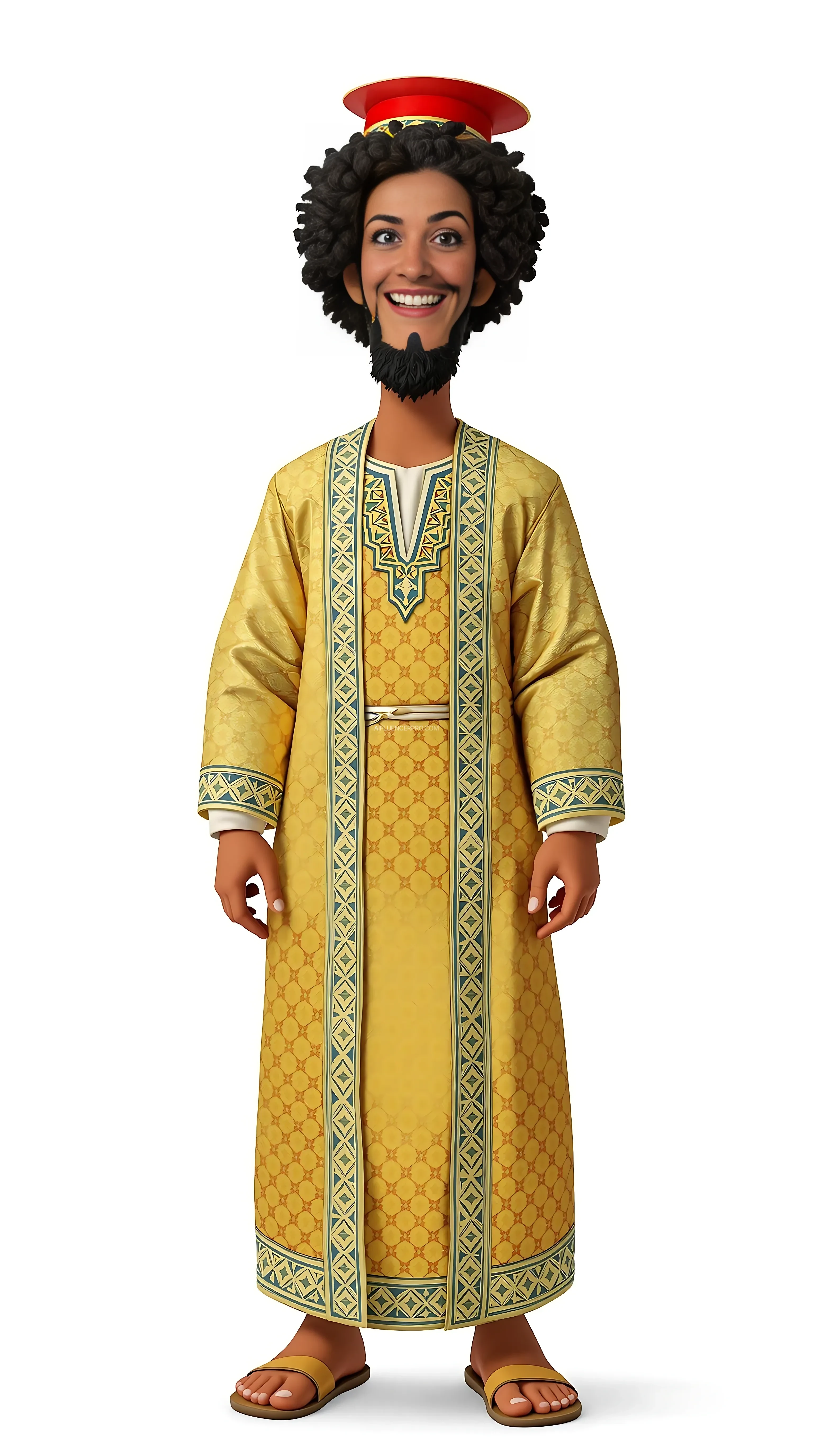 Create a 3D avatar of a Moroccan cultural guide from the Saadian dynasty period, dressed in a traditional golden embroidered djellaba with a red fez. The character should have medium-brown skin, curly black hair, and wear traditional Moroccan slippers (balgha). The backdrop includes Moroccan architectural motifs like arches and mosaics