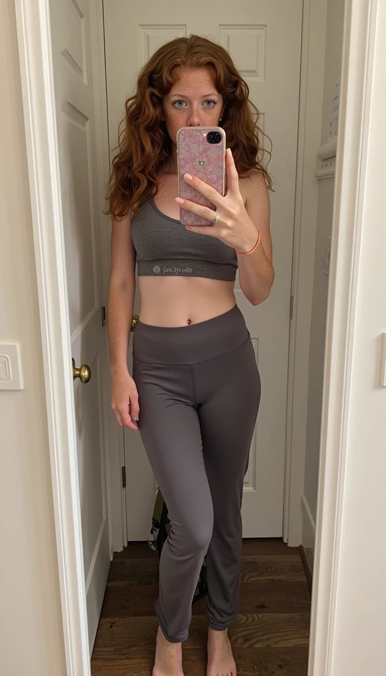 full body iphone mirror selfie of a 19 year old college girl CSTMDL with curly auburn hair and light blue eyes. She is wearing yoga pants and a sports bra