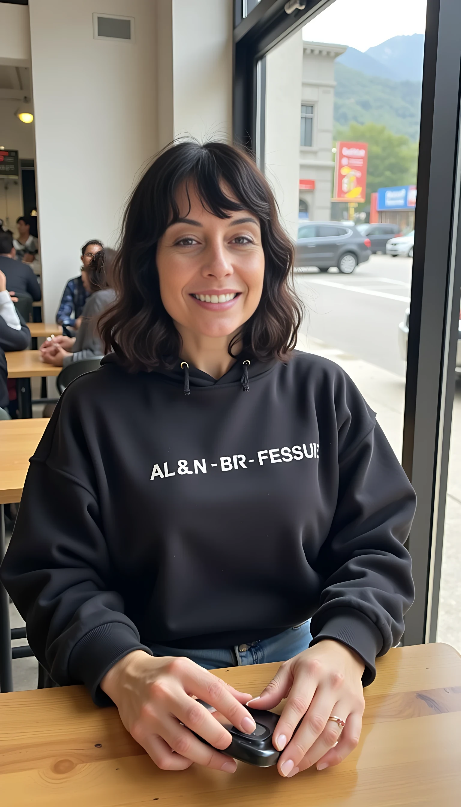 iphone portrait of CSTMDL woman younger Bob length hair hair makeup bangs cute smile brown eyes and sitting in cafe holding phone in busy restaurant wearing dressy outfit business  hoodie and shorts mountains background shopping bags 