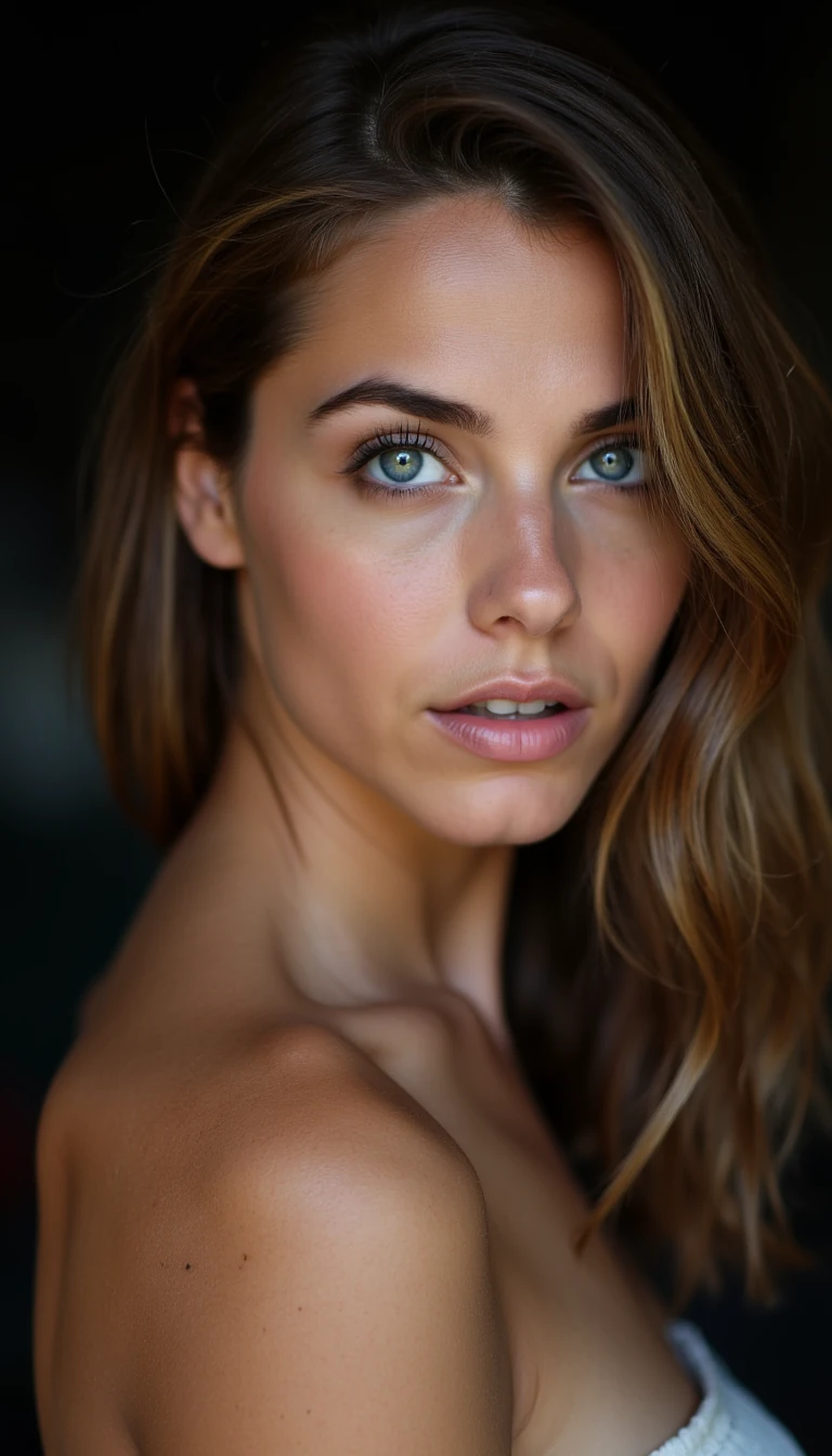 close-up of a feminine woman with big soft blue eyes, long dark lashes, defined cheekbones, wavy brown hair cascading over one shoulder, neutral expression, slightly open lips, natural glossy skin texture, shot in soft afternoon window-light with shallow depth of field, polish girl, back of head turned to camera, wavy hair cascading, neck and shoulders visible, subtle rim light, dark backdrop