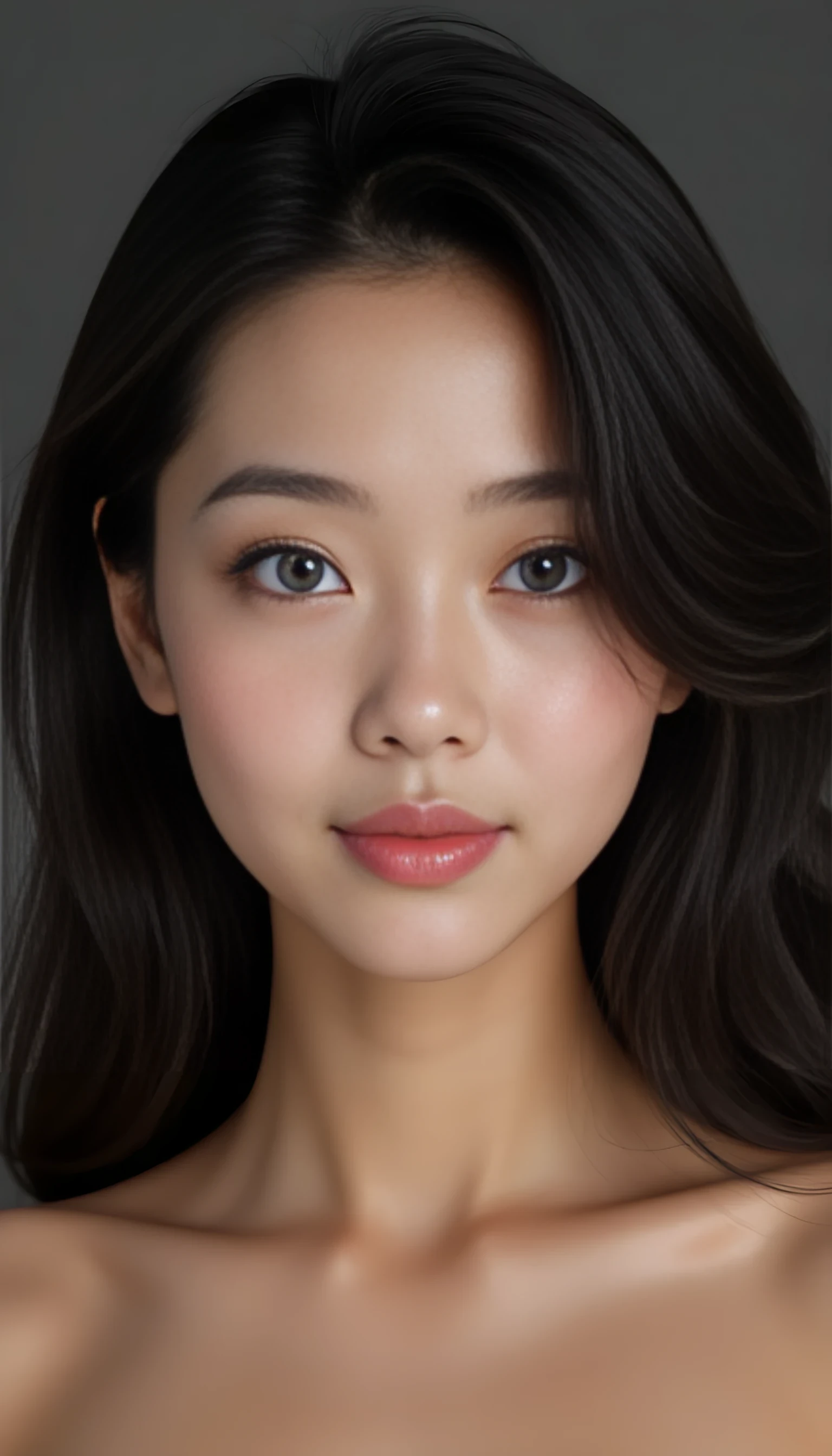 
Ultra-photorealistic portrait of a 22 yr old woman with symmetrical, soft facial features and a serene expression. Her skin is smooth, glowing with a natural complexion and subtle highlights on the cheekbones and forehead. She has gently arched eyebrows, delicately shaped and well-groomed. Her almond-shaped blue eyes are large and expressive, framed with long, dark lashes and a soft touch of natural makeup. Her lips are full and slightly parted, with a soft pink hue, appearing moisturized and balanced in proportion. Her nose is straight and finely contoured, fitting harmoniously with the rest of her face. Her hair falls naturally around her face in smooth waves, dark and lustrous, with realistic texture and volume. The lighting is soft and even, enhancing the natural beauty and subtle details of her features. Rendered in 8K resolution, cinematic style, lifelike texture, depth, and skin detail, with shallow depth of field and a high dynamic range.