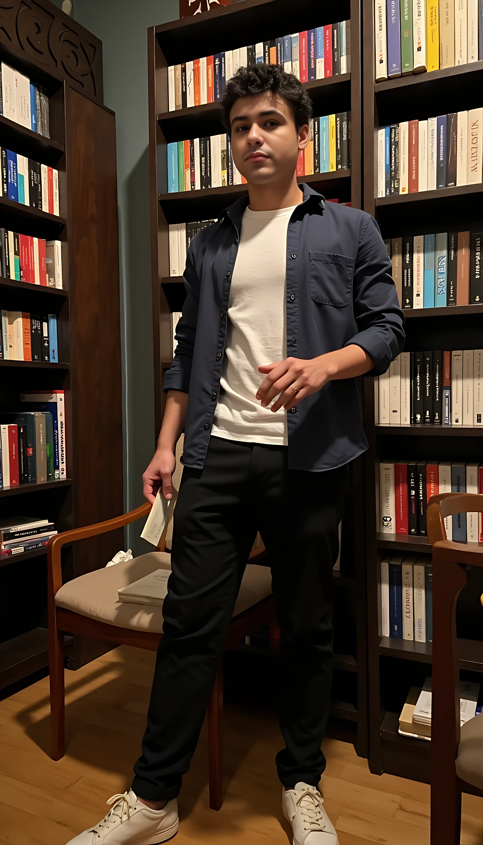 CSTMDL handsome 20 year old man A man browsing books in a cozy bookstore, wearing an open overshirt layered over a basic tee, relaxed trousers, clean sneakers, one hand flipping through a book, hyper-realistic interior lighting, warm tones, quiet and intellectual casual setting