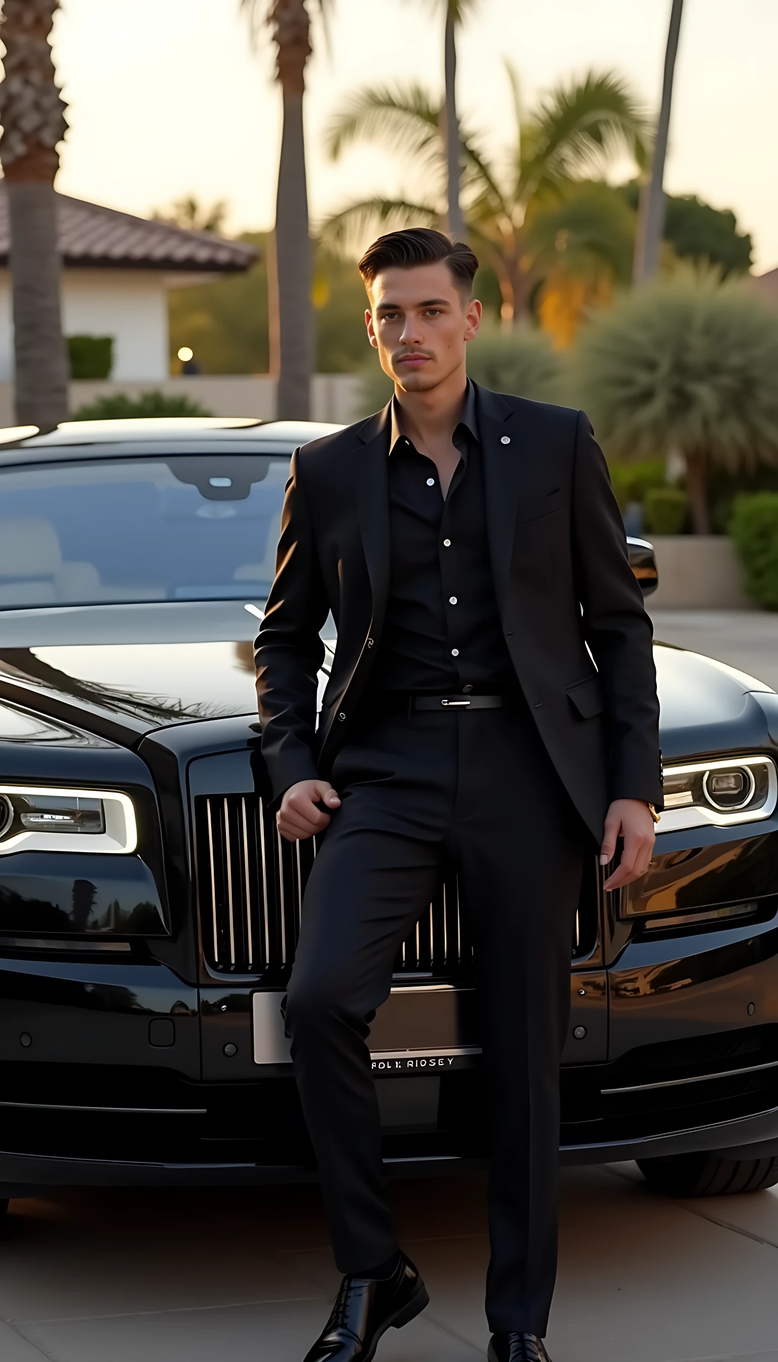 "A highly realistic photo of the same young man, keeping his exact facial features, age and appearance unchanged. He is casually leaning on a black Mansory Rolls-Royce Phantom, wearing a modern, fitted black suit and a subtle gold watch.
The lighting is natural golden hour with soft shadows. The background features a luxury modern villa, palm trees, and clear skies. The image should look like a candid high-end iPhone photo - authentic, youthful, confident, and luxurious."