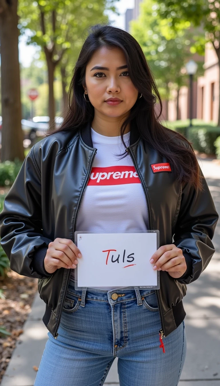 CSTMDL women in supreme brand outfit holding a sign that says "Tuls"

