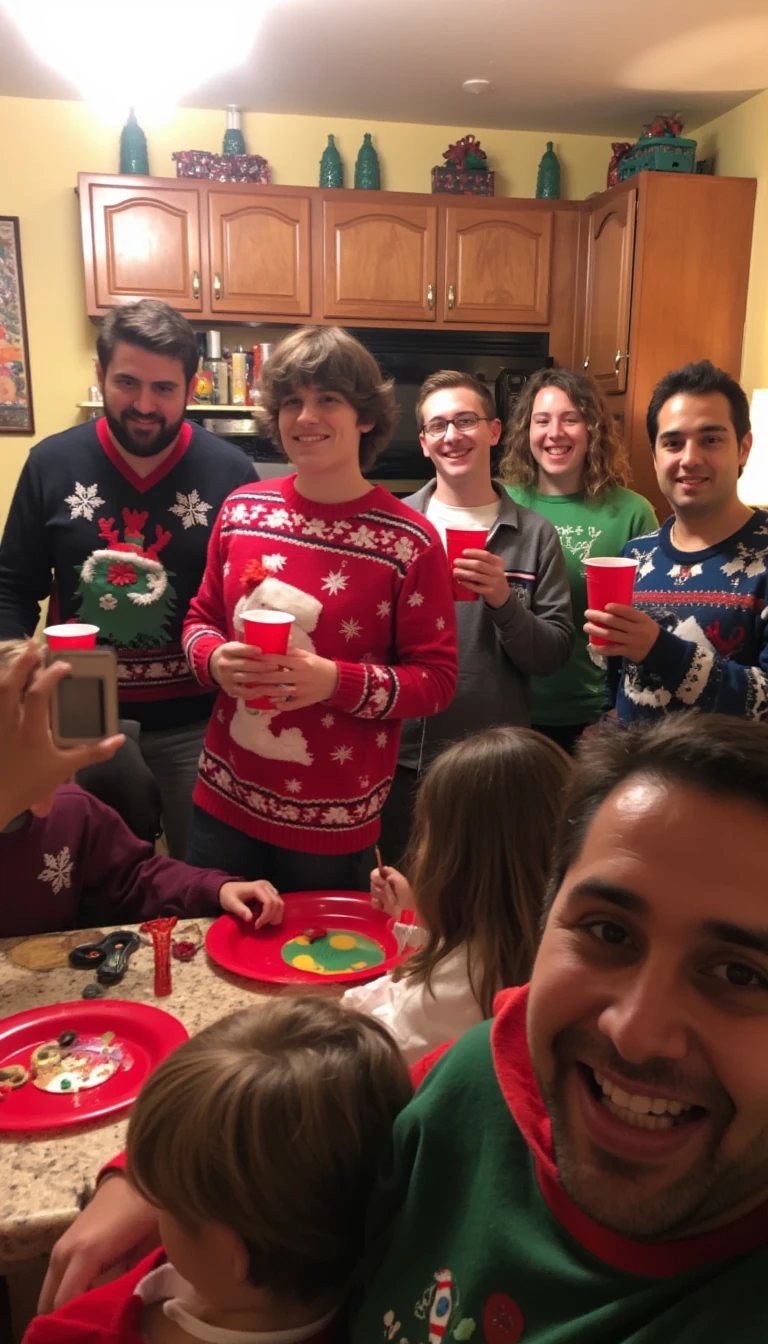 boring low quality snapchat photo circa 2015, this picture is being taken at a family gathering of guests all over a kitchen in Christmas themed sweaters. Many of them are holding red solo cups in their hands.