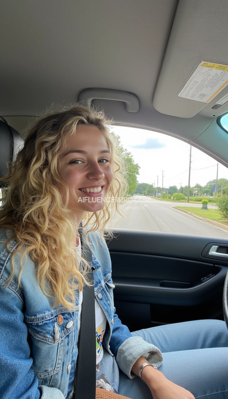 boring low quality snapchat photo circa 2015, A young woman with a warm smile, sitting in the driver's seat of a cozy car. She has soft, curly blonde hair cascading to her shoulders. The sunlight streams through the window, casting a gentle glow on her face. The interior of the car is neat and comfortable, with a coffee cup in the cup holder and a small plant on the dashboard. The background outside the window shows a scenic road lined with trees and blue skies