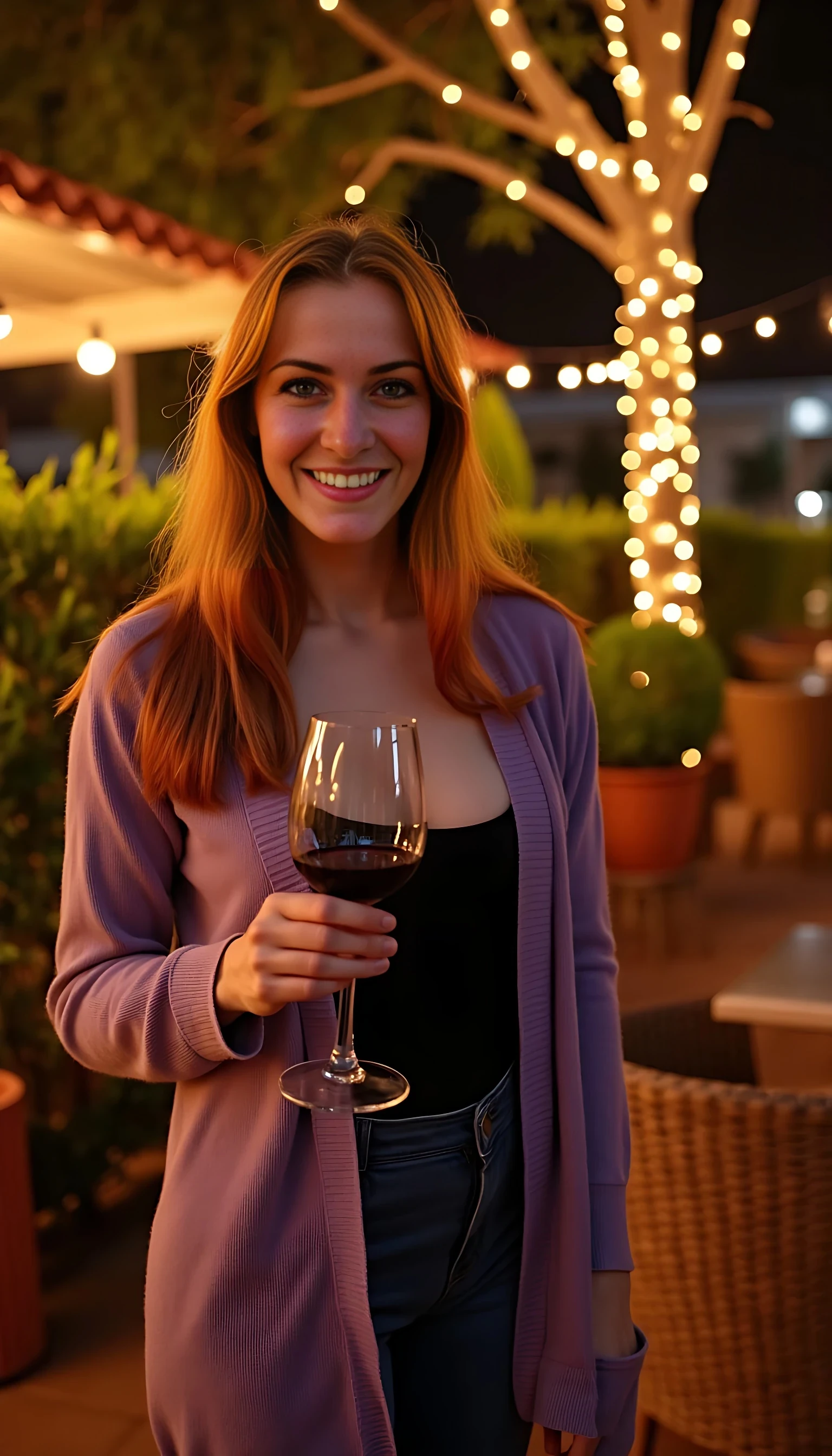 A full body shot photo of a woman standing outdoors at a cozy, warmly lit patio in the evening, with soft, glowing lights wrapped around a tree behind them creating a charming atmosphere. The image is rich in detail, with warm tones and clear textures throughout. The woman has fair skin, a slim build, and long reddish-blonde hair, also worn loose. She is smiling warmly at the camera, holding a glass of red wine in her right hand, and wears a soft-textured lavender cardigan over a black top. The background features a large tree with sparkling string lights wrapped around its trunk and branches, adding a magical touch to the scene. The setting suggests a private outdoor seating area, with elements like terracotta-tiled roofing, greenery, and rattan chairs contributing to a serene, inviting vibe. The overall composition is balanced, with the woman framed against the softly glowing tree, and the lighting enhances the warm, intimate feel of a quiet evening shared among friends. The details are vivid, with textures of clothing, skin, and background elements clearly visible, while the warm lighting creates a relaxed and joyful mood