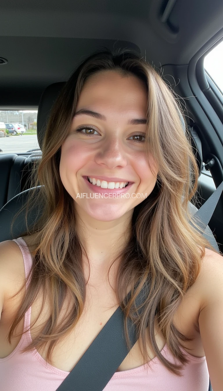 boring low quality snapchat photo circa 2015, A young woman with a warm smile, sitting in the driver's seat of a cozy car. She has soft, wavy brown hair cascading past her shoulders.  she is topless nude