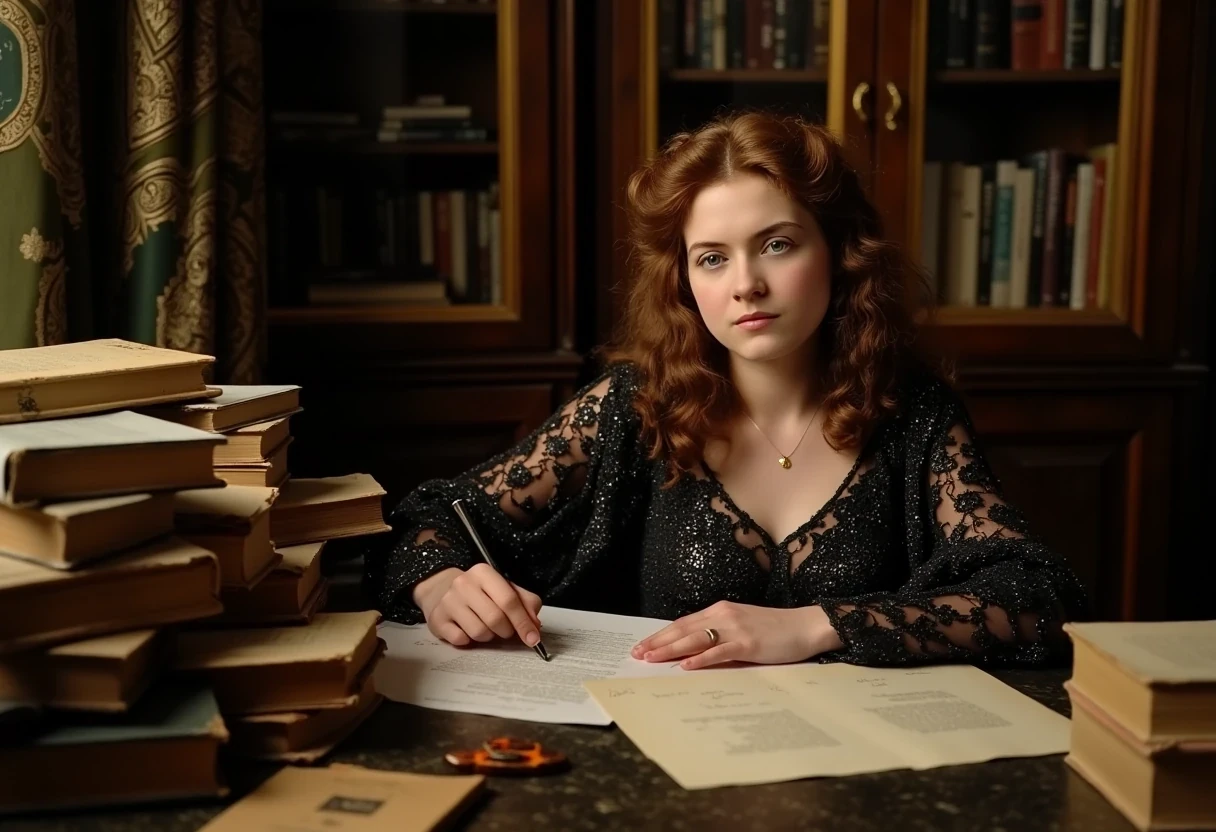 photo of woman CSTMDL, hair tied, blue eyes, haute couture clothes, working late night at her desk.
She’s surrounded by old books and sheets of paper she worked on.
She’s surrounded works in a beautiful art nouveau room
