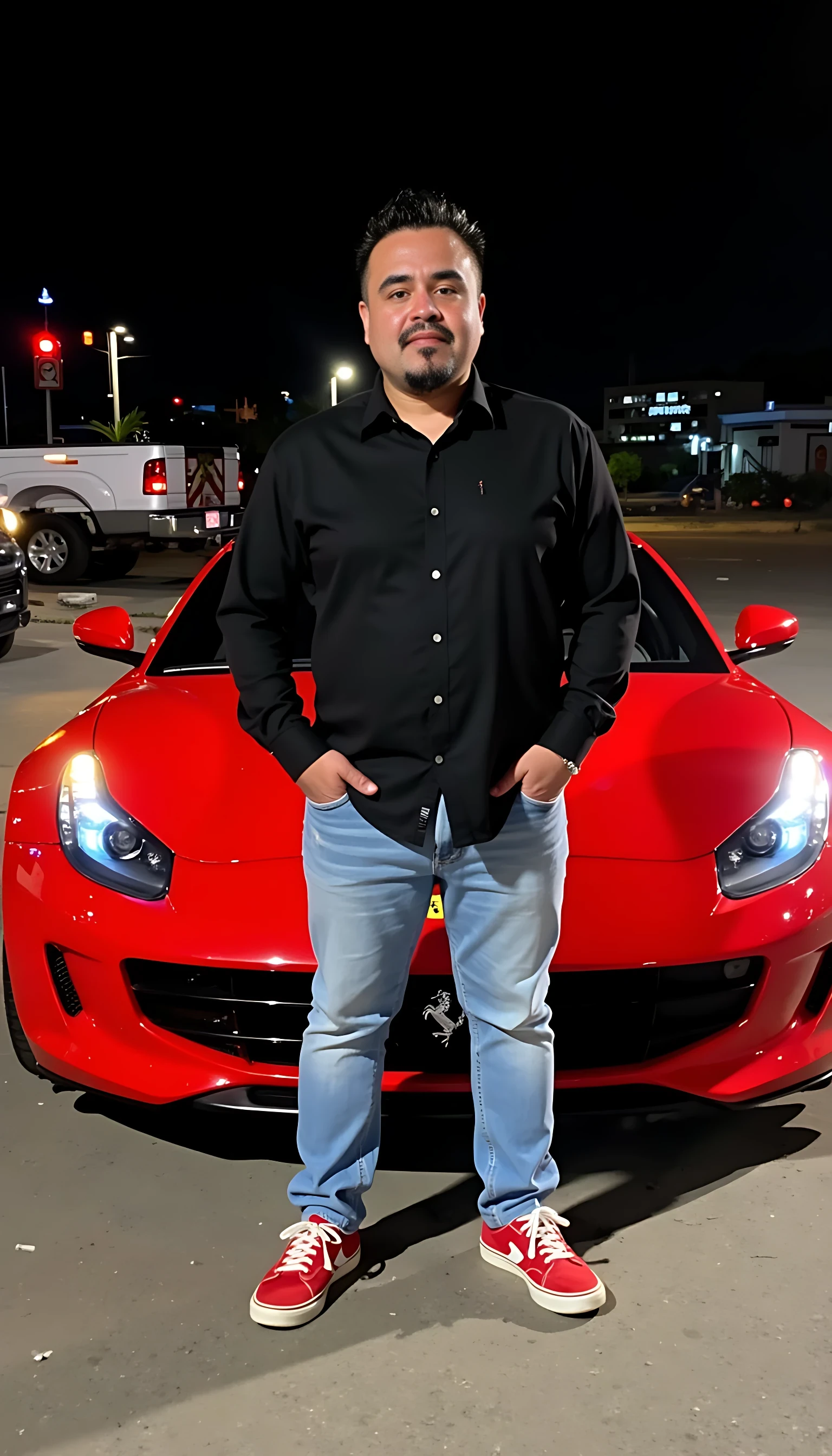CSTMDL average body wearing a black dress shirt and light blue jeans red tenis shoes standing in front of a red Ferrari car with city night lights in the background 