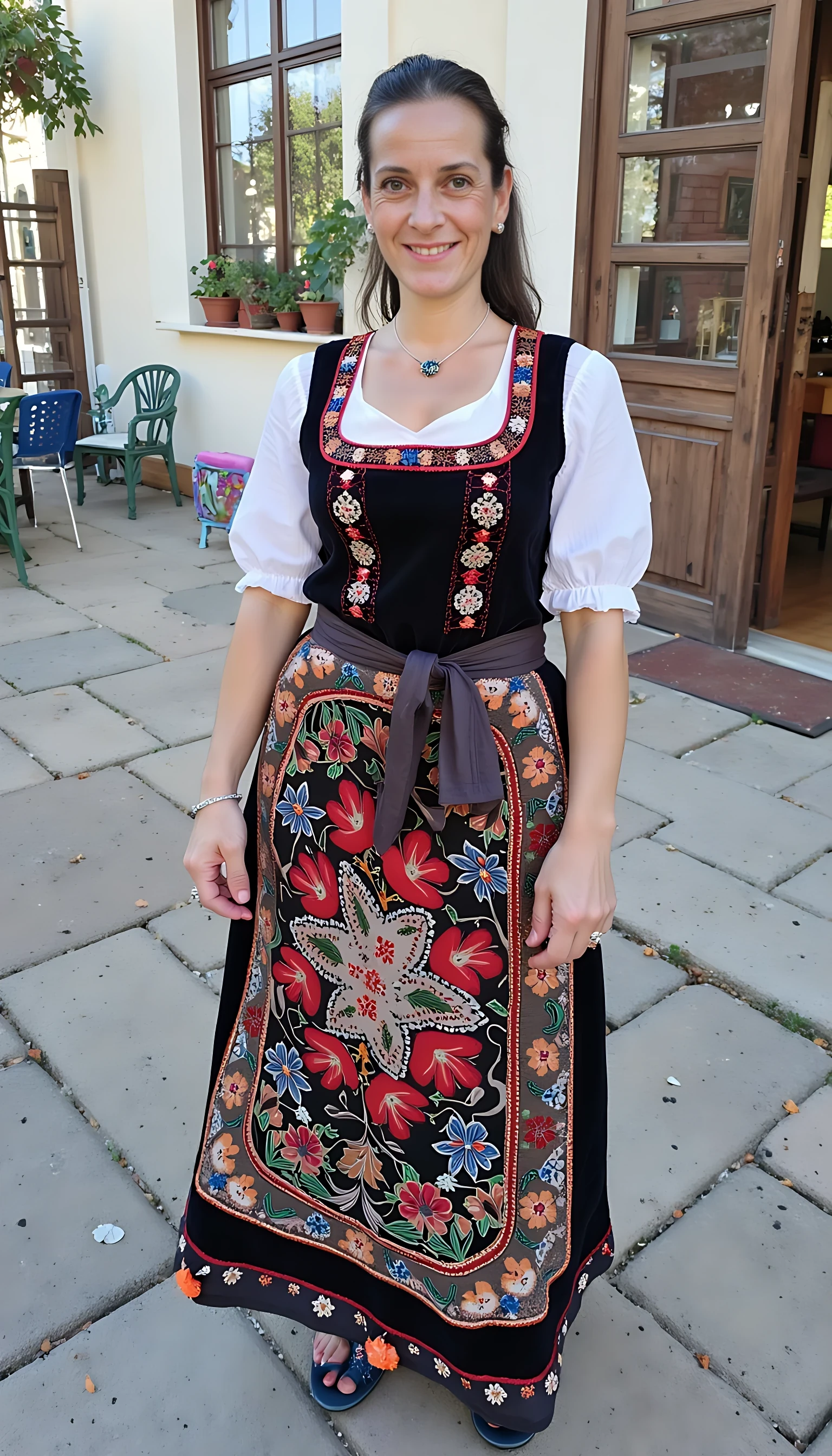 photo of brunette woman CSTMDL mature, small puffy saggy tits in czech national costume i the street carvival