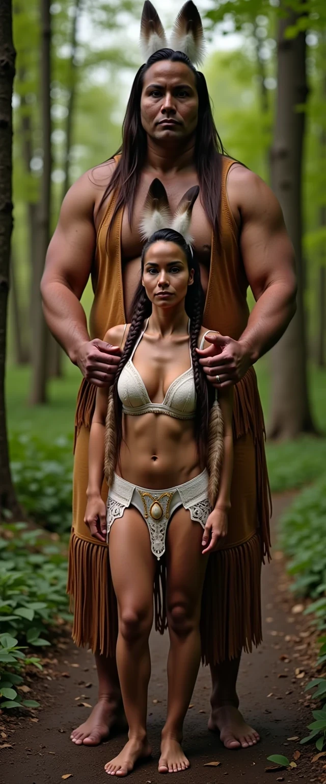 photo of woman CSTMDL, a medium shot photo of, a slim woman, her full body is in the scene, she has a slender petite build with petite small boobs and a flat chest, she has small dark skin nipples with long pointy nipple ducts and small dark skinned areolas, her hair is styled with two long braids she has eagle plumes in her hair, she is not wearing earrings, she is wearing a native American style vest in a golden yellow color over top of her underwear, her vest is open exposing her strapless bra, her bra is a strapless white lace bra, she is wearing white lace panties, she is wearing ankle height smoked hide moccasins, natural lighting, natural light, amateur photography, shot on an iPhone, she is standing with her legs spread wide apart in a densely wooded forest, she is maintaining intense eye contact with the camera, there is a giant native American fat man three times her height standing directly behind her holding onto gripping the woman's waistline, the man is holding her in front of him, the man is a real giant three times the height of an average male, public setting, Hyper realism, ultra-sharp focus, highly detailed, natural lighting, natural light, amateur photography, the giants waistline is as tall as the woman is, 