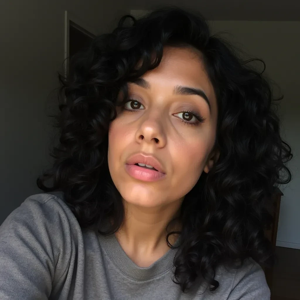 boring low quality snapchat photo circa 2015, cute mexican woman, soft light black curly hair, with big lips selfie