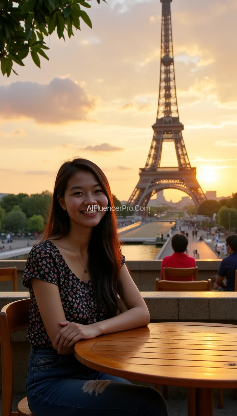 Photo realistic, A young Indonesian woman with a warm smile, sitting on a wooden table chair. Background A stunning view of the Eiffel Tower in Paris at sunset, surrounded by lush green parks and the calm Seine River reflecting the golden hues of the sky. The tower glows softly, with people strolling nearby and enjoying the serene atmosphere. Detail, 4K