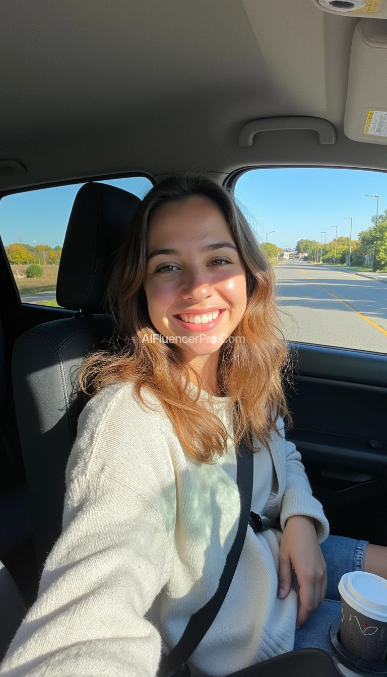 boring low quality snapchat photo circa 2015, A young woman with a warm smile, sitting in the driver's seat of a cozy car. She has soft, wavy brown hair cascading past her shoulders. The sunlight streams through the window, casting a gentle glow on her face. The interior of the car is neat and comfortable, with a coffee cup in the cup holder and a small plant on the dashboard. The background outside the window shows a scenic road lined with trees and blue skies