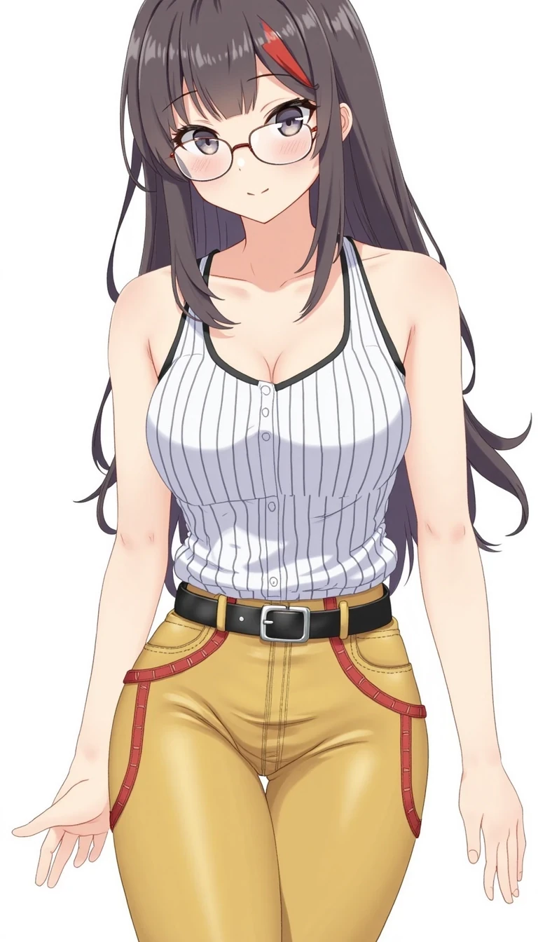 1girl, CSTMDL, solo, long hair, breasts, shirt, medium breasts, bare shoulders, collarbone, upper body, white shirt, small breasts, sleeveless, black striped, belt, pants, covered nipples, bare arms, sleeveless shirt, tank top, denim, tan, close-up, facing viewer, arm at side, jeans, striped shirt, black belt, photo (medium), head out of frame, arms at sides, taut clothes, shirt tucked in, taut shirt, yellow tight pants with red accents and bell bottoms, lips parted, clear framed glasses
