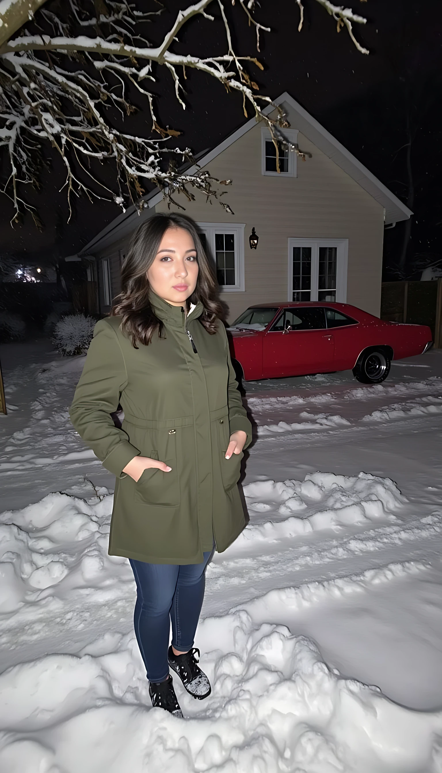 She is standing outside her home, wearing overcoat and long winter shoes, her home is small but beautiful canadian type house, a red mustang charger on side. Maple trees are around house, night time, very heavy snowfall. Her feet are half in snow 