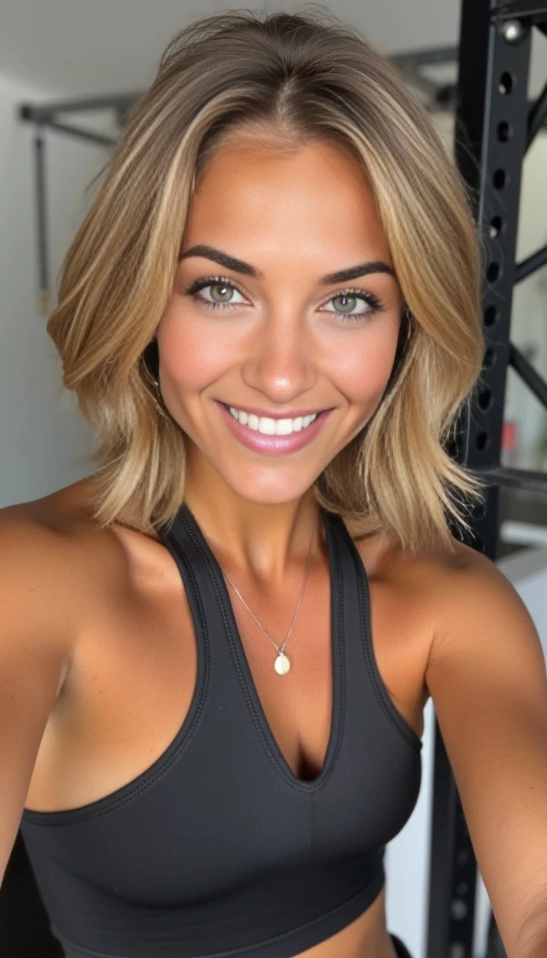 boring low quality snapchat photo circa 2015, a fit woman model as fitness influencer wearing gym outfit in the bodybuilding gym, Portraits of a young woman in her late twenties with short blonde wavy hair and green eyes. Athletic, toned and tanned. 