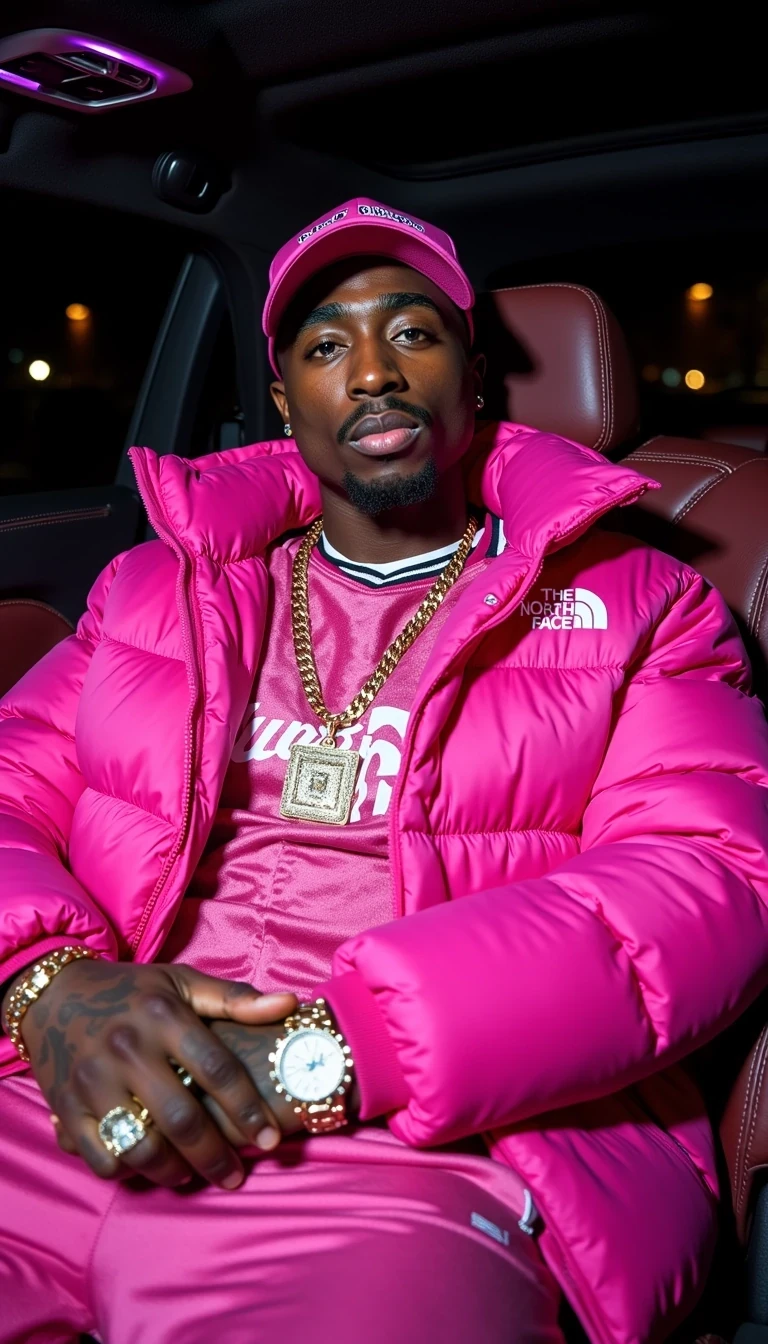iphone portrait of CSTMDL A luxury lifestyle shot captured inside the backseat of a 2025 Mercedes-Maybach, featuring a young urban style icon dripped in vibrant pink streetwear.

He's rocking a bold pink The North Face puffer jacket over a coordinated pink Kappa jersey, accessorized with a massive iced-out diamond chain shaped like a cartoon character. The lighting from the Maybach’s ambient interior LEDs bathes the cabin in soft magenta hues, enhancing the outfit's saturation and vibe.

He sits relaxed, leaning back in the plush burgundy Maybach leather seats, one arm across his lap and the other flexing his chain with subtle swagger. His tattoos and face details are crisp, emphasizing the sharp focus. A designer cap in pink and black tops the look.

Captured with a Sony A7R V and Sony FE 35mm f/1.4 GM lens, giving the image a wide, shallow depth of field with creamy bokeh in the background and rich clarity in the subject.

The mood is late-night flex, with emphasis on high-end street fashion, luxury car interior, and flawless jewelry detail, all in ultra high-definition. He's bald.