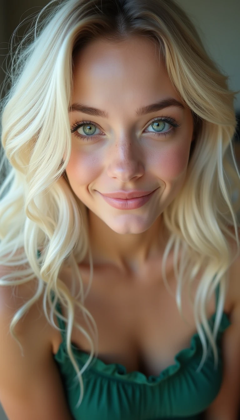 beautiful passionate petite young woman around 20years old, beautiful big green eyes, platinum hair with little green shade, nice smile, front shot
