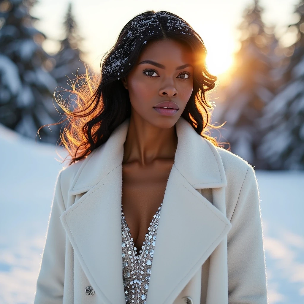 Ice Queen Dawn
Shot on Hasselblad X2D 100C, 90mm f/2.5, ISO 50, 1/500 sec. Medium shot of statuesque model with light olive brown skin against fresh snowfall at sunrise. Wearing white Fendi cashmere floor-length coat, crystal-encrusted bodice underneath. Skin shows natural luminosity from cold air, slight flush on cheeks. Key light: rising sun through morning mist at 15 degrees, silver reflector as fill. Location: Swiss Alps, snow-covered pines in background. Skin texture capture: visible pores with slight morning dew effect, microscopic ice crystals catching light. CSTMDL