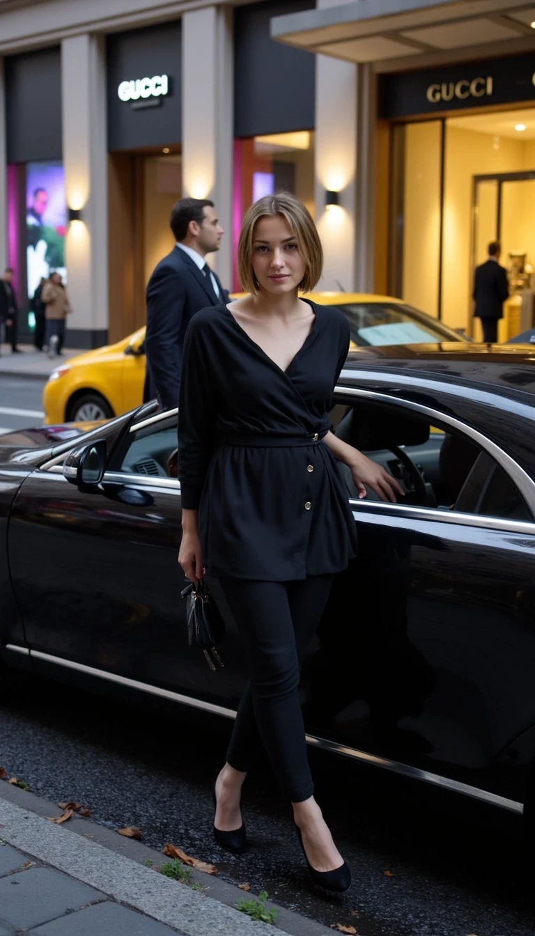 Lumere steps out of a sleek black luxury car parked along Fifth Avenue in Manhattan, New York. The city hums around her — the low rumble of taxis, the distant honk of horns, and the rhythmic tap of designer heels echoing off the glass façades. glowing storefronts of Gucci, Cartier, and Louis Vuitton.
She pauses briefly beside the open car door, the soft interior lights casting a warm glow against the cool city dusk. Her Gucci outfit — crisp, elegant, and meticulously styled — catches the light from passing traffic, hinting at understated opulence. Pedestrians turn their heads subtly, drawn by the quiet confidence in her presence.
Behind her, a light breeze stirs the New York evening — billboards flicker, a doorman in a black coat stands ready by a revolving glass door, and the golden city lights shimmer on rain-damp pavement. The entire moment feels cinematic: the essence of wealth, ambition, and grace framed by Manhattan’s electric pulse