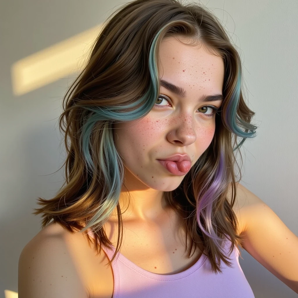 boring low quality snapchat photo circa 2015 Close-up photo of a young woman in her early 20s, slim-thick proportions, messy brunette hair with neon blue and purple streaks framing her face. Wearing a cropped pastel lavender tank top. She is leaning slightly toward the camera, playfully biting her lip with a mischievous smirk, direct eye contact with the lens. Her skin shows natural freckles across her nose and cheeks, visible pores, and a soft sheen from warm daylight. Subtle eyeliner and glossy lips highlight her features. The photo is taken indoors against a plain seamless wall, with soft golden sunlight filtering from a nearby window, catching the strands of her hair and giving her cheekbones a warm glow. Sharp focus on her face with slight background blur, realistic amateur photography aesthetic.