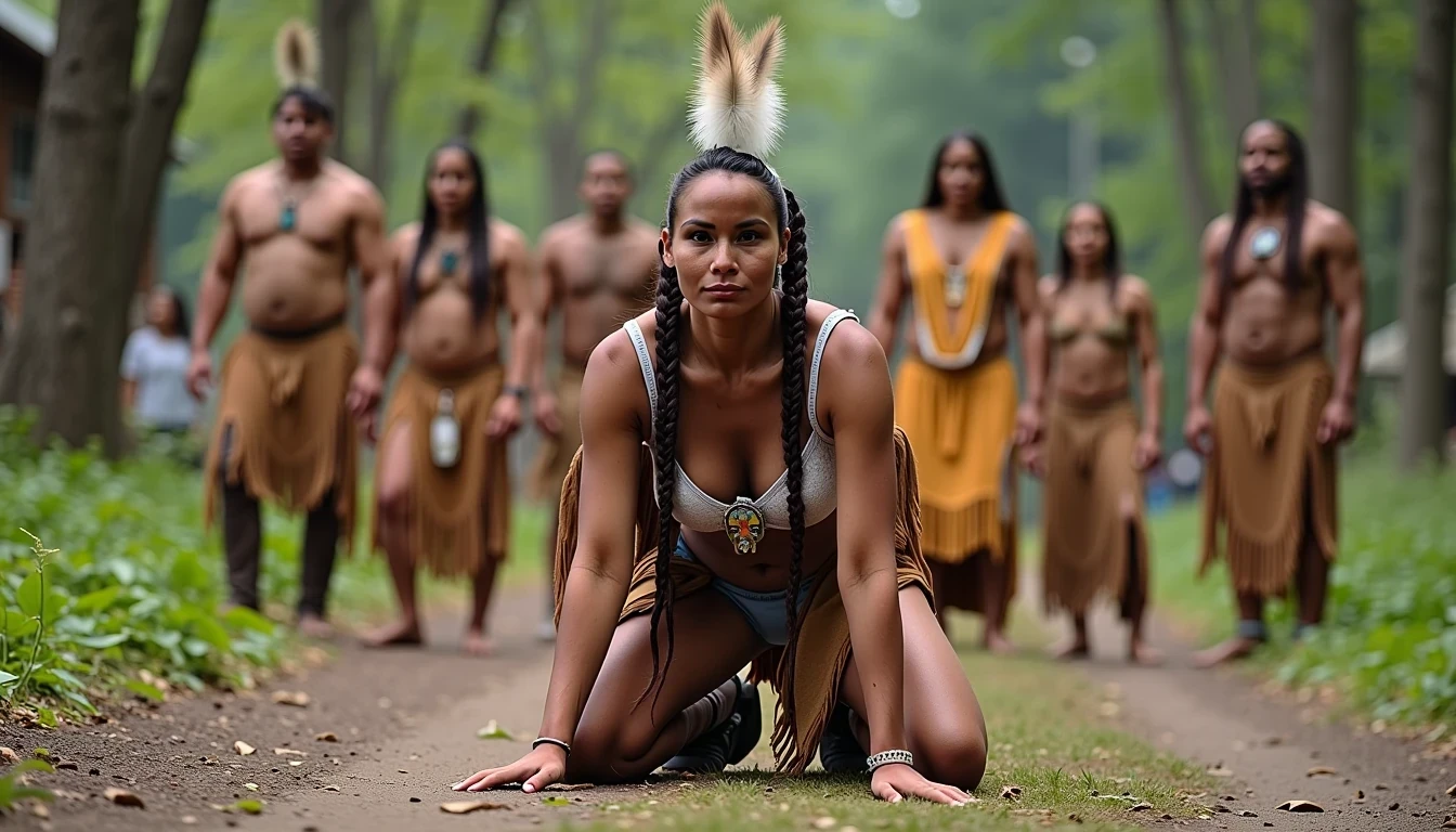 photo of woman CSTMDL, a medium shot photo of, a slim woman, her full body is in the scene, she has a slender petite build with petite small boobs and a flat chest, she has small dark skin nipples with long pointy nipple ducts and small dark skinned areolas, her hair is styled with two long braids she has eagle plumes in her hair, she is not wearing earrings, she is wearing daisy duke denim booty shorts, she is wearing a native American style vest in a golden yellow color over top of her underwear, she is holding her vest open exposing her strapless bra, her bra is a strapless white lace bra, she is wearing a fringe breechcloth in a golden yellow color, she is wearing ankle height smoked hide moccasins, natural lighting, natural light, amateur photography, shot on an iPhone, she is posing bent over on all fours on the ground with her legs spread wide apart in a wooded area in front of a fat obese native American man, she is maintaining intense eye contact with the camera, a fat obese native American man is directly behind her while three other fat obese native American men form a lineup behind one another, public setting, Hyper realism, 16k, uhd, ultra-sharp focus, perfect meshes and textures, highly detailed, highly accurate reflections, natural lighting, natural light, amateur photography, 