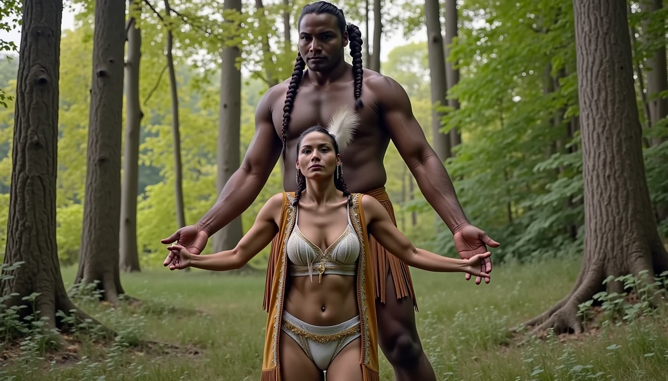 photo of woman CSTMDL, a medium shot photo of, a slim woman, her full body is in the scene, she has a slender petite build with petite small boobs and a flat chest, she has small dark skin nipples with long pointy nipple ducts and small dark skinned areolas, her hair is styled with two long braids she has eagle plumes in her hair, she is not wearing earrings, she is wearing daisy duke denim booty shorts, she is wearing a native American style vest in a golden yellow color over top of her underwear, she is holding her vest open exposing her strapless bra, her bra is a strapless white lace bra, she is wearing white lace panties, she is wearing ankle height smoked hide moccasins, natural lighting, natural light, amateur photography, shot on an iPhone, she is standing with her legs spread wide apart in a densely wooded forest, she is maintaining intense eye contact with the camera, there is a giant native American fat man twice her height standing up directly behind her holding onto the woman's booty, the man is holding her up suspended in the air in front of him, the man is a real giant, public setting, Hyper realism, ultra-sharp focus, highly detailed, natural lighting, natural light, amateur photography,