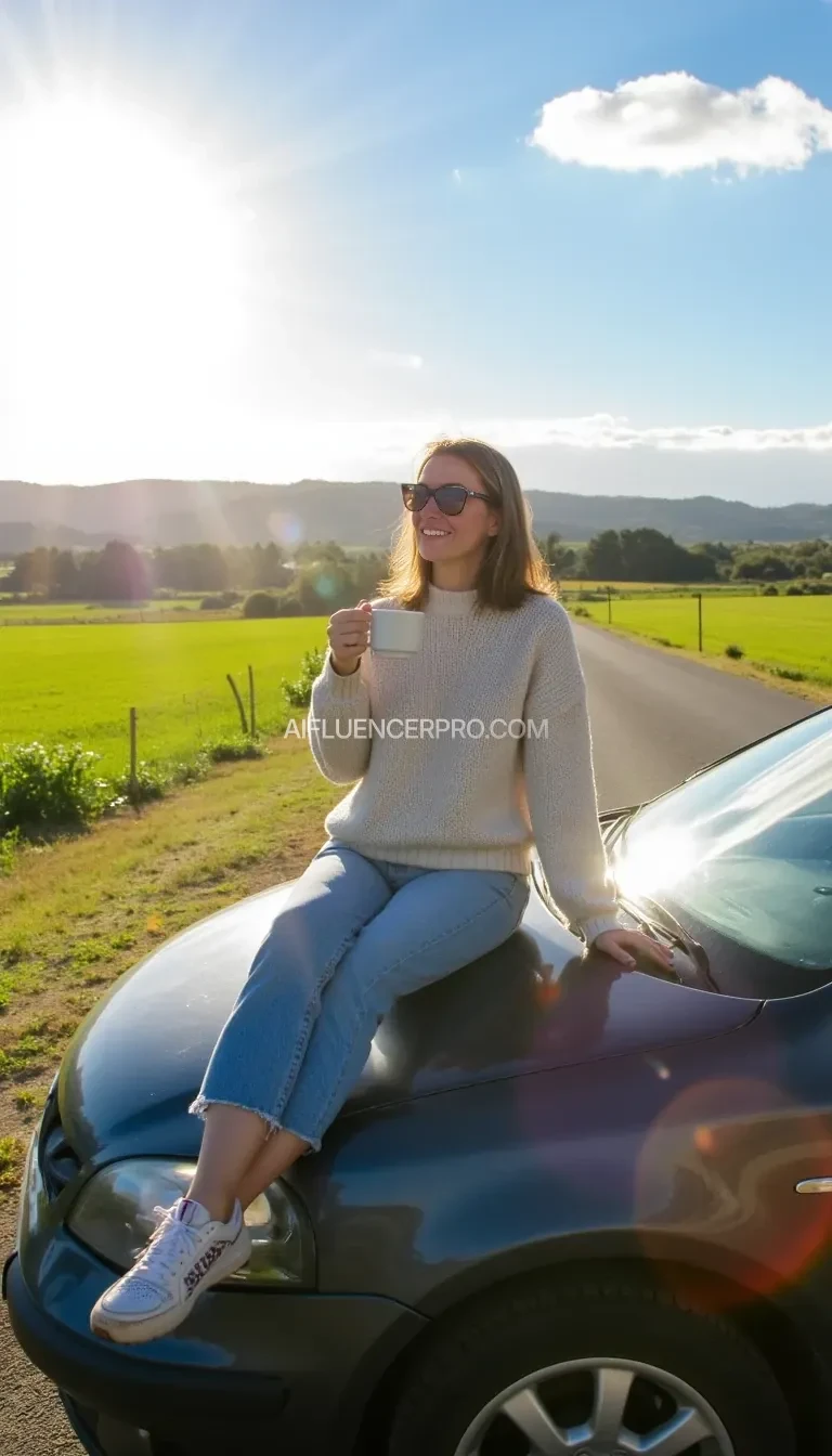 "Create an image of a middle-aged woman sitting casually on the hood of a car, enjoying a cup of coffee on a sunny day. The car is parked on the side of a quiet road, surrounded by green fields or a scenic countryside landscape. The woman has shoulder-length brown hair, wearing sunglasses, a comfortable sweater, and jeans. The sun is shining brightly, casting a warm, golden light on the scene. The sky is clear with a few fluffy clouds, and the environment feels peaceful and relaxed."