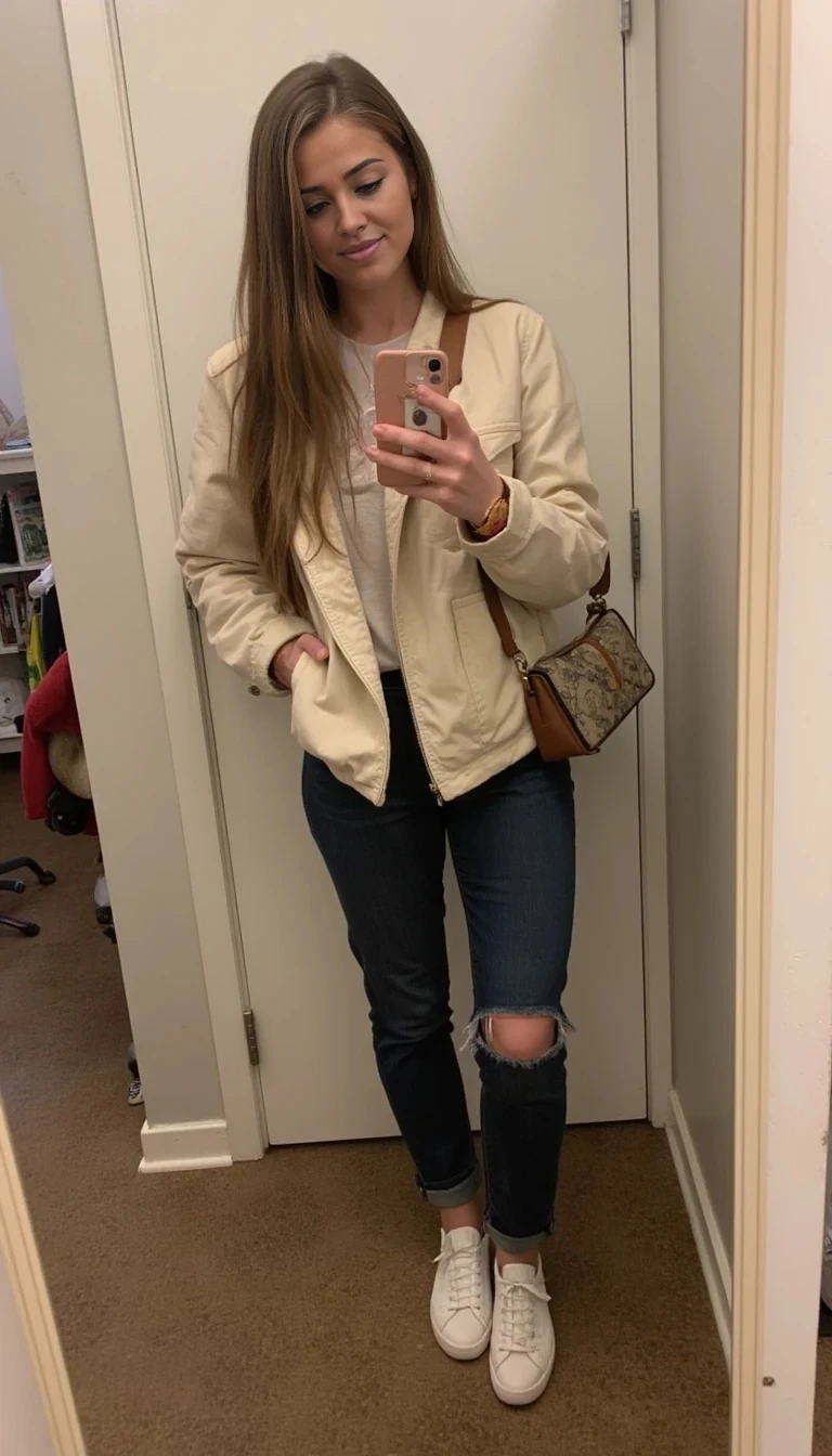 boring low quality snapchat photo circa 2015, cute woman, soft light brown hair, full outfit