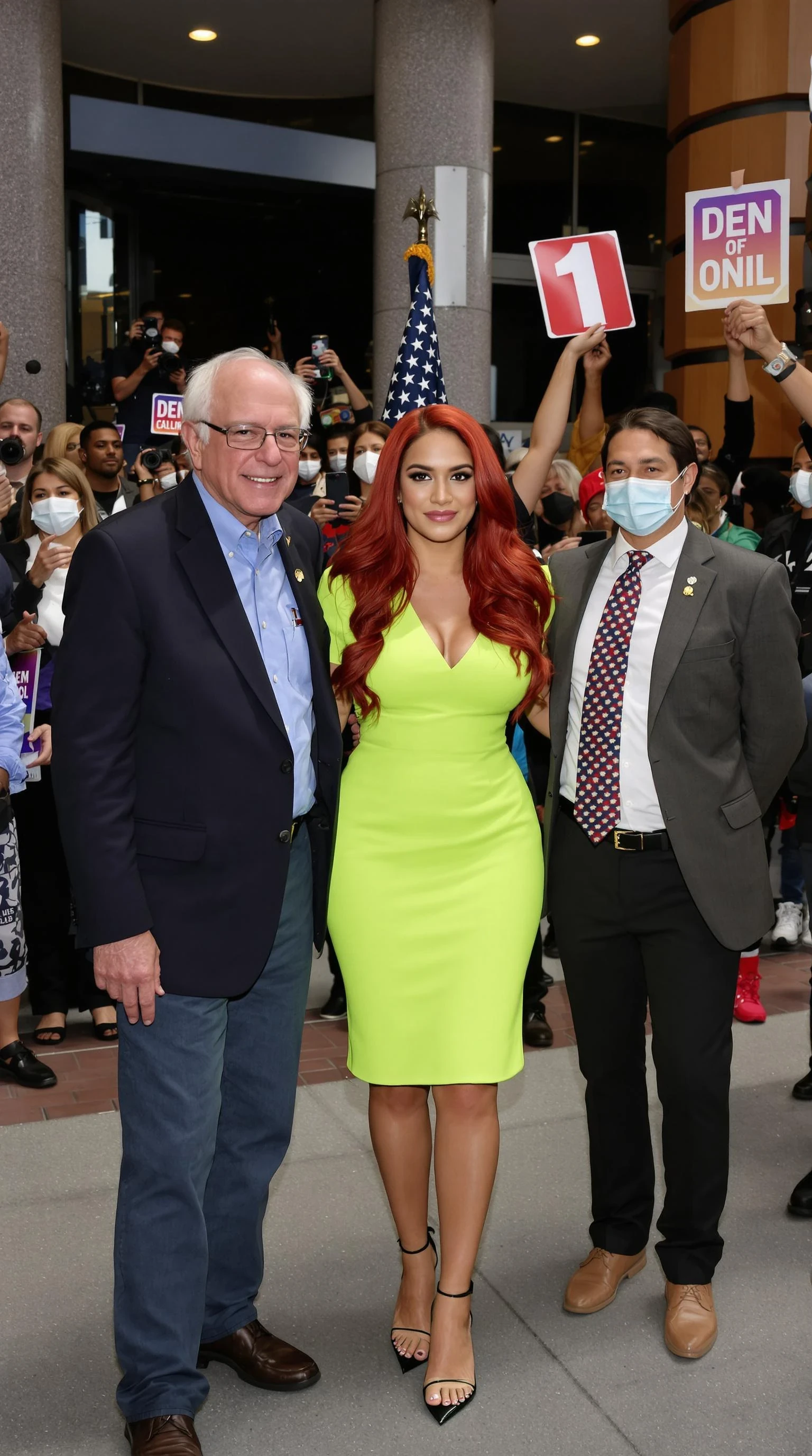 Lifelike 8k HD photo taken by an experienced professional photographer with 20 years experience, the photo is of the CSTMDL woman looking sexy in a classy neon green dress. The length of her vibrant red hair is middle of her back and looking perfect. The photo is a group picture of Senator Bernie Sanders and Representative Alexandria Cortez with the CSTMDL looking beautiful, standing in the middle of them. The background is during a recent rally in Denver