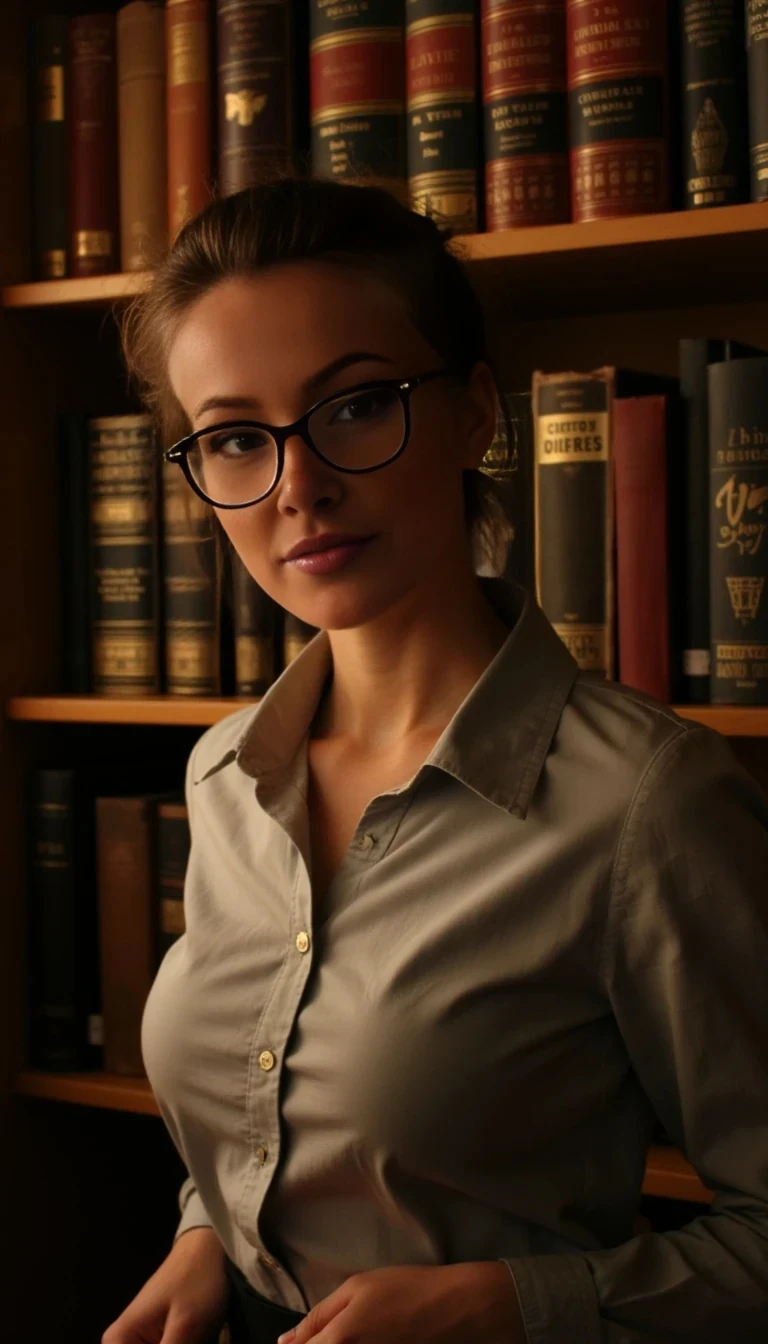 “College Librarian Fantasy: Glasses on, hair up, button-down shirt barely buttoned, surrounded by vintage books in soft, golden lighting. Poses go from innocent to suggestive, with teasing captions like ‘Shhh… this section is private.’”