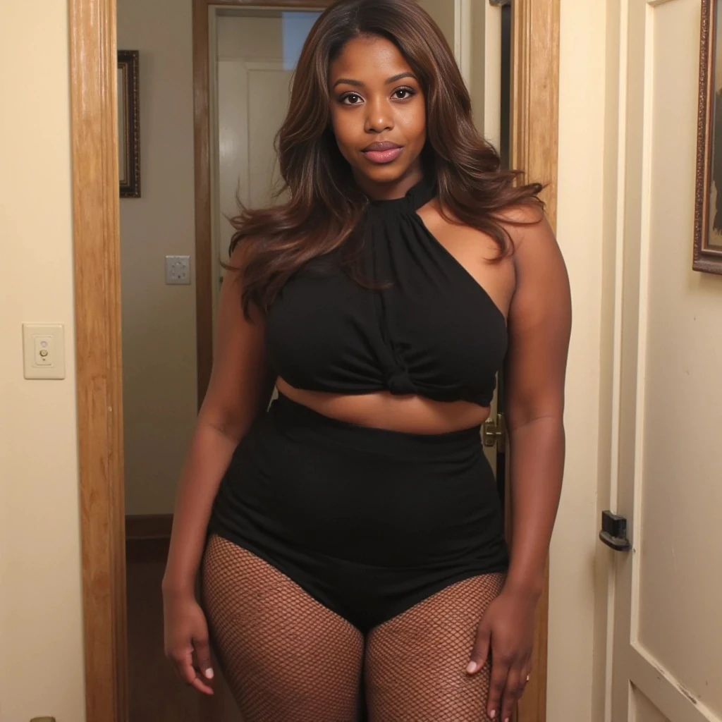 boring low quality snapchat photo circa 2015, beautiful looking woman, dark-skinned, soft light brown hair, big boobs, thick hips, bubble butt, wearing a fishnet stockings, black stiletto heels, black mini skirt and a black halter top