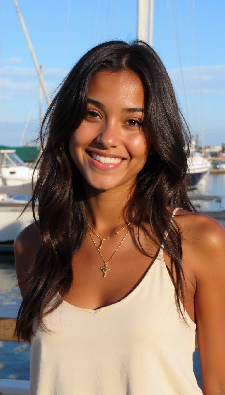A strikingly beautiful young woman with a warm smile, outside in the sunshine. She has long, wavy dark brown hair cascading to her middle, she has tanned skin. The sunlight casts a gentle glow on her face. She is wearing an elegant cream outfit with a gold necklace. The background shows a marina and blue skies.