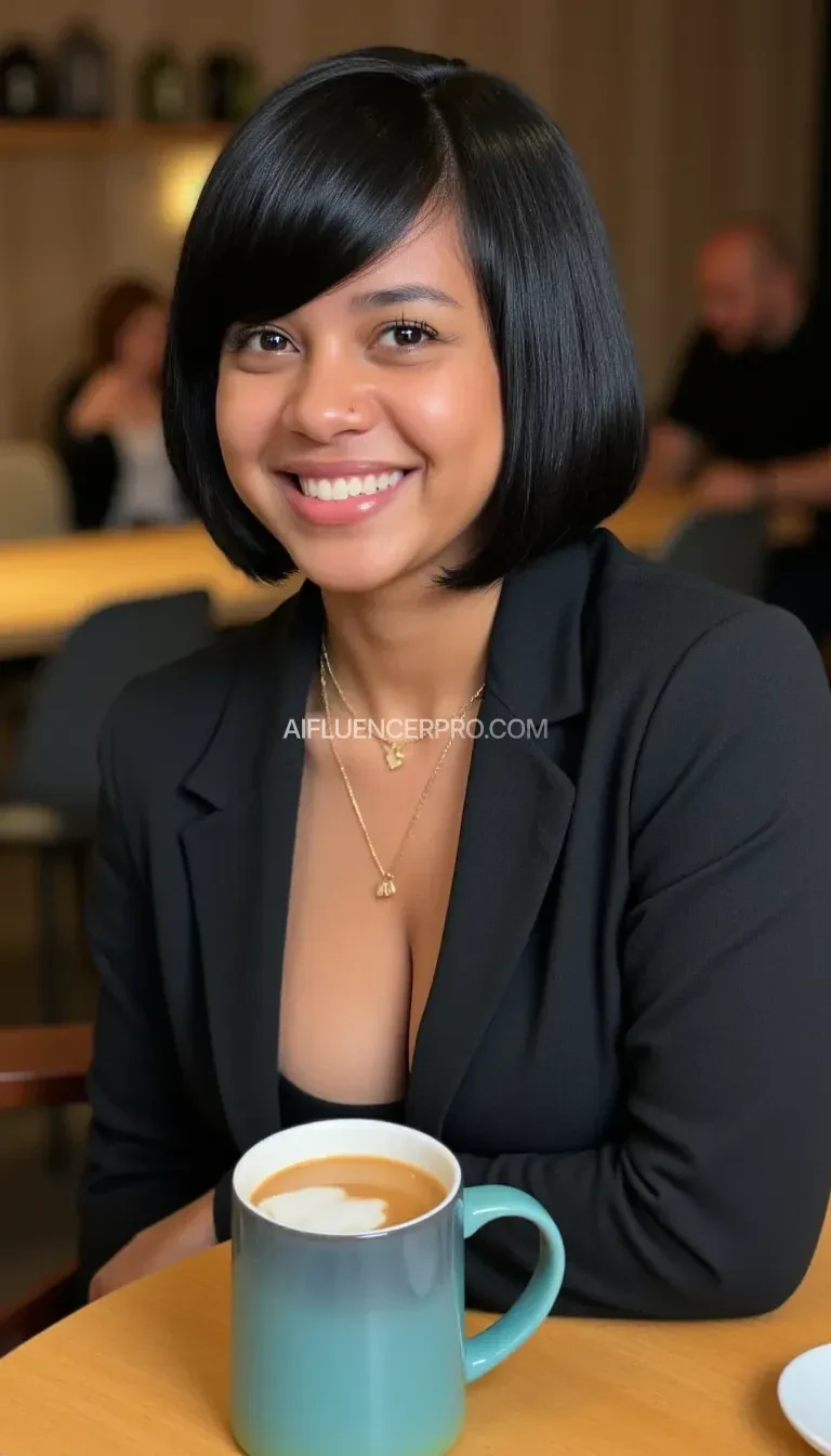Young, hot, 
Black short Bob hair cut, business suit deep cleavage , large breasts, small smile, coffee shop backround, coffee mug, coffee table