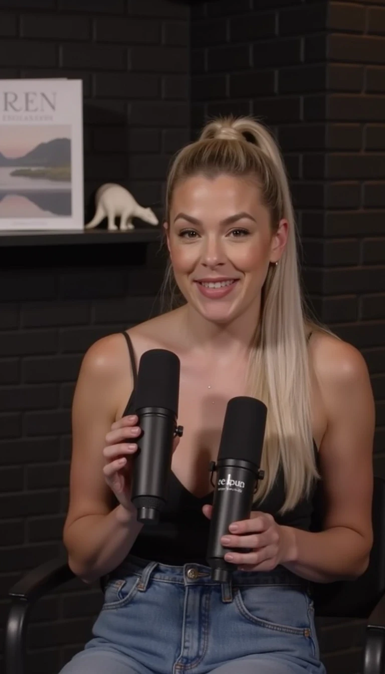A woman with blonde hair pulled back, is speaking into a microphone. The background features a dark brick wall and a shelf with books and decorative items, including a small dinosaur figure and a picture of a serene landscape on a book cover. The setting appears to be a cozy, modern podcast studio with soft lighting. She is wearing a denim jeans and a small tank top. You can see her full body as she sits in a chair. You can see her full body in the photo. She is holding a microphone in each of her hands.