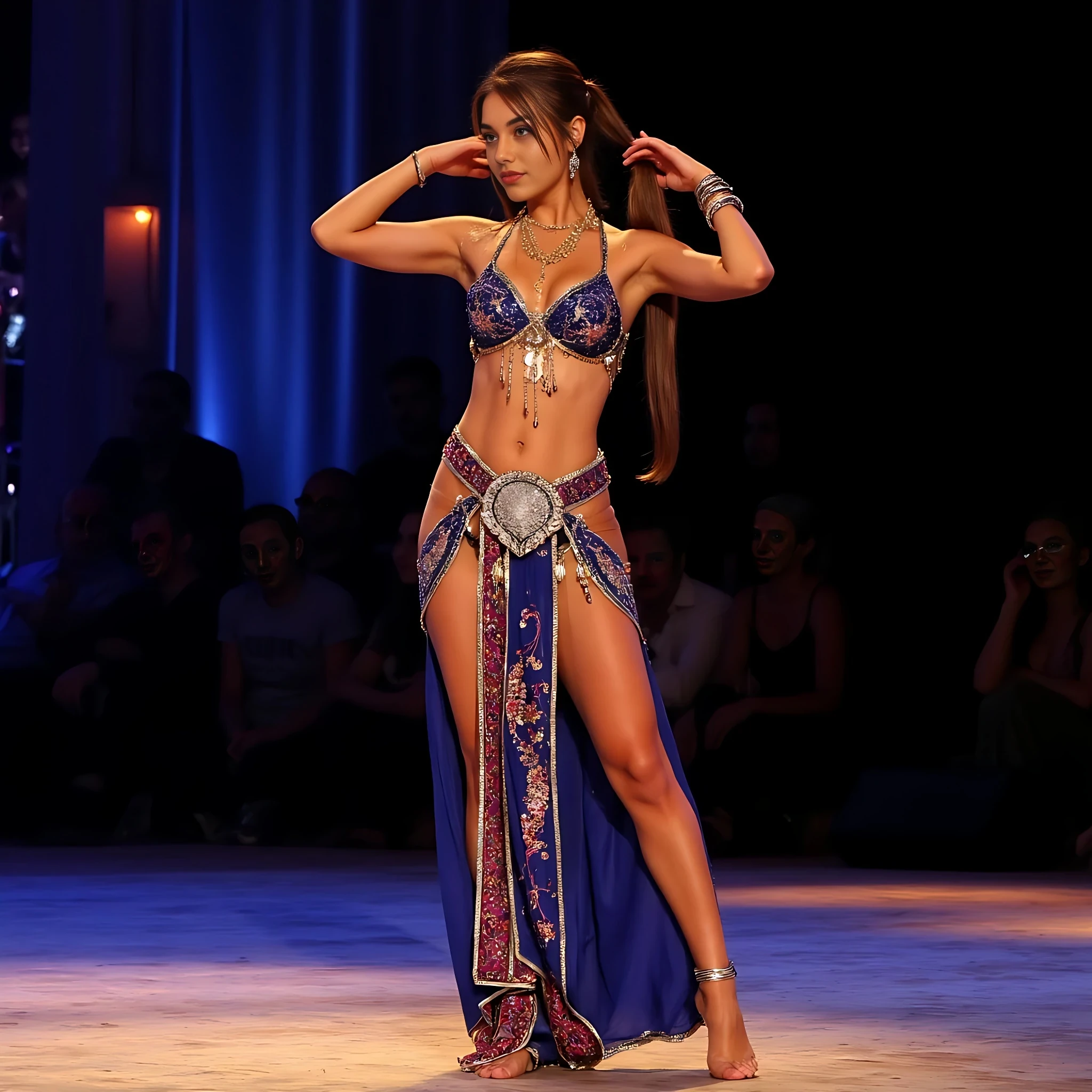 create an ultra-realistic full body image of a 19 year old Serbian woman. she is tan. She stands at 5'9", embodying the epitome of allure and charm with her sharp Slavic facial features. sunkissed tan skin. Her captivating blue eyes and long, brown hair enhance her mesmerizing presence. she is dressed in a oriental middle eastern bellydance costume. she is on stage, getting ready for a performance at  a belly dance competition. a lot of lights and people behind her in the crowd. she is barefoot, and she is standing on her tippie toes. her arms are holding her hair up in a pony tail, like her hands are responsible for her hair not falling down. Her expression is one of confidence and allure. Focus on extreme realism, especially in her facial details. her eyes are extremely realistic and she is looking directly in the camera. her breasts are showing a bit in her costume.