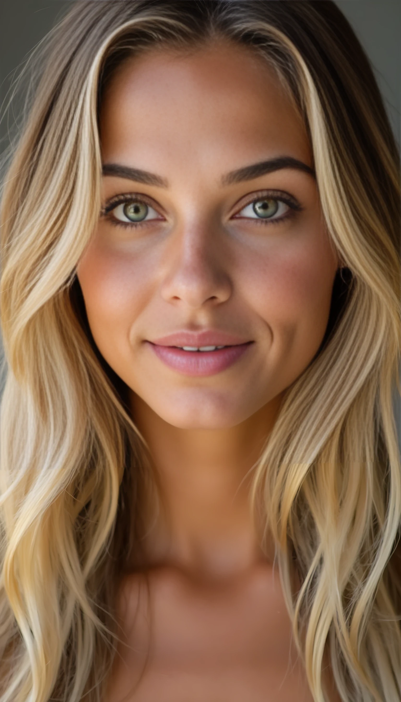 A portrait photo of a beautiful 21 years old model, mixed ethnicity of half white American half Brazilian, with golden blonde hair, hazel green eyes, ultra detailed eyes with sharp iris reflections, slight smile, studio-quality, extremely realistic HD