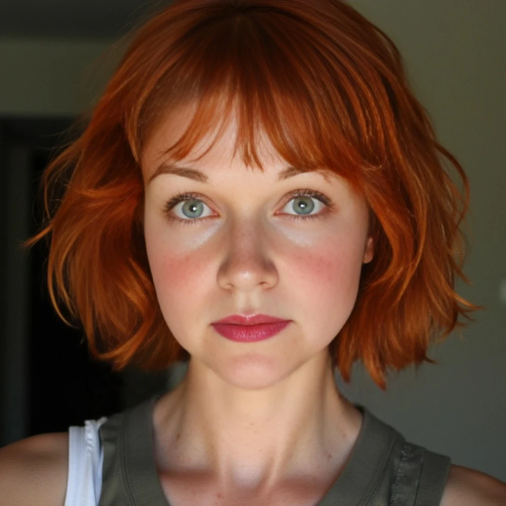 she has short red hair, green eyes, she is 5 foot 6 inches tall, dd breasts, and green eyes, freckles, 145 lbs, her skin is not perfect.