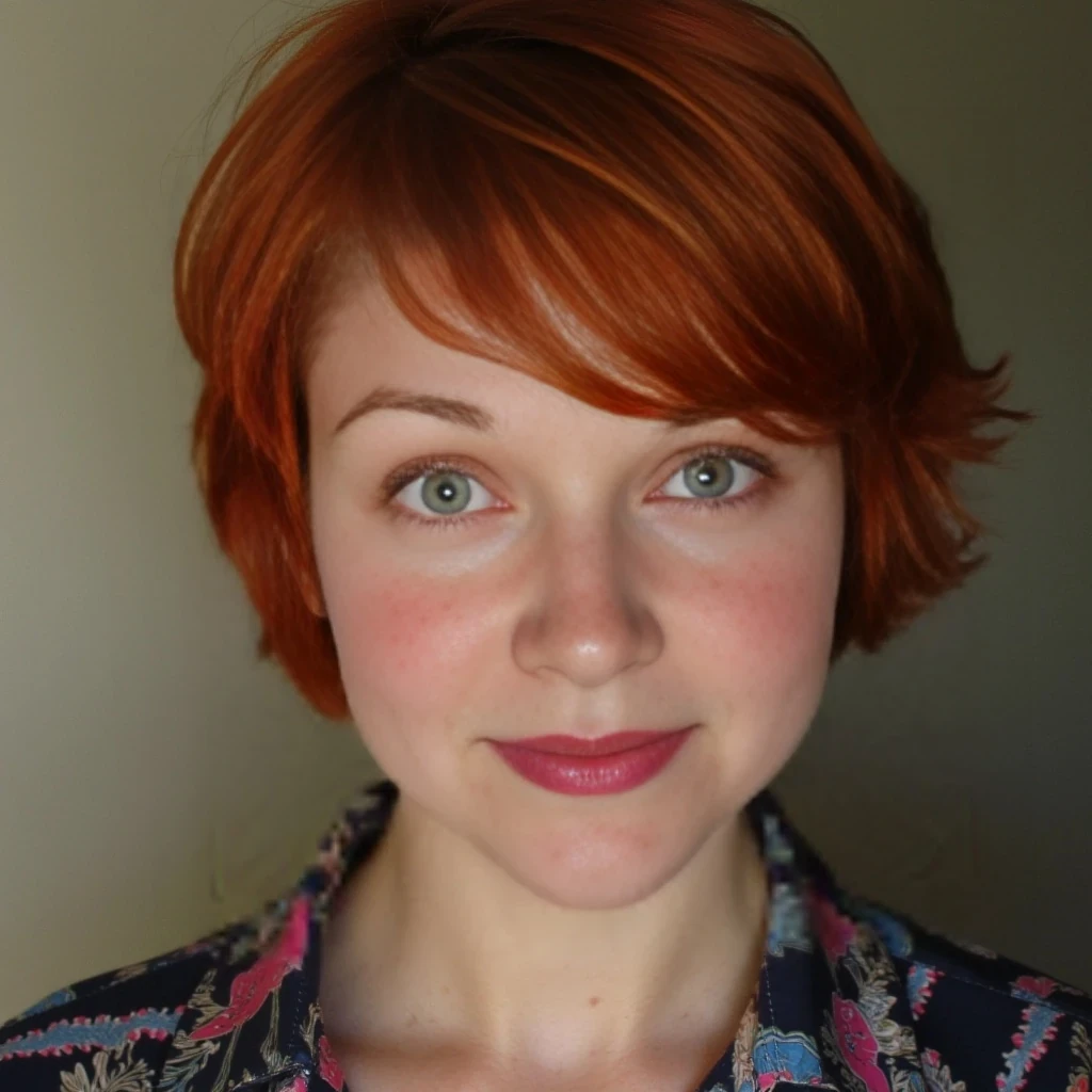 she has short red hair, green eyes, she is 5 foot 6 inches tall, dd breasts, and green eyes, freckles, 145 lbs, her skin is not perfect.