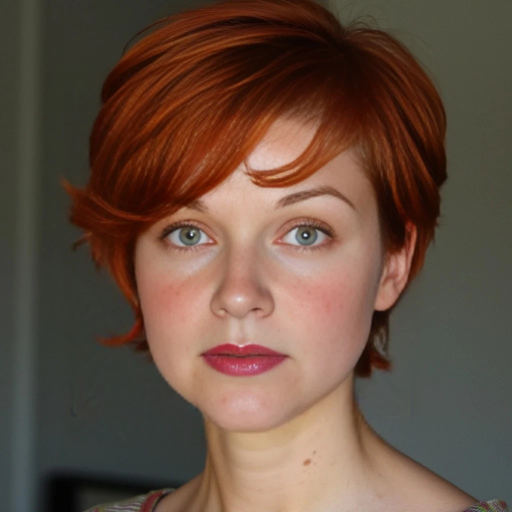 she has short red hair, green eyes, she is 5 foot 6 inches tall, dd breasts, and green eyes, freckles, 145 lbs, her skin is not perfect.