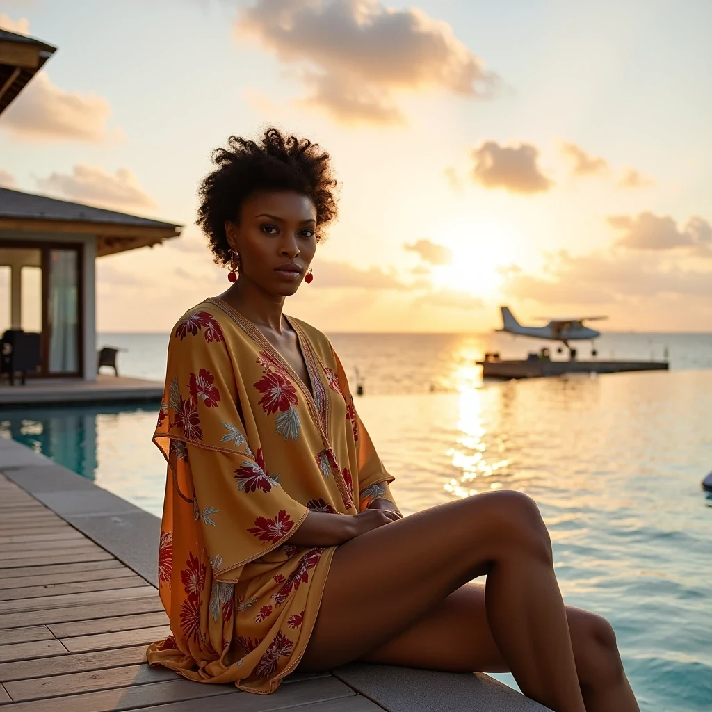 Maldives Sunrise
Shot on Canon R5, 24-70mm f/2.8, ISO 100, 1/2000 sec. African American model in Hermès silk kaftan on overwater villa deck. Light olive brown skin glowing in golden hour light. Natural skin texture enhanced by ocean mist. Background: infinity pool merging with Indian Ocean, seaplane landing in distance.
 CSTMDL