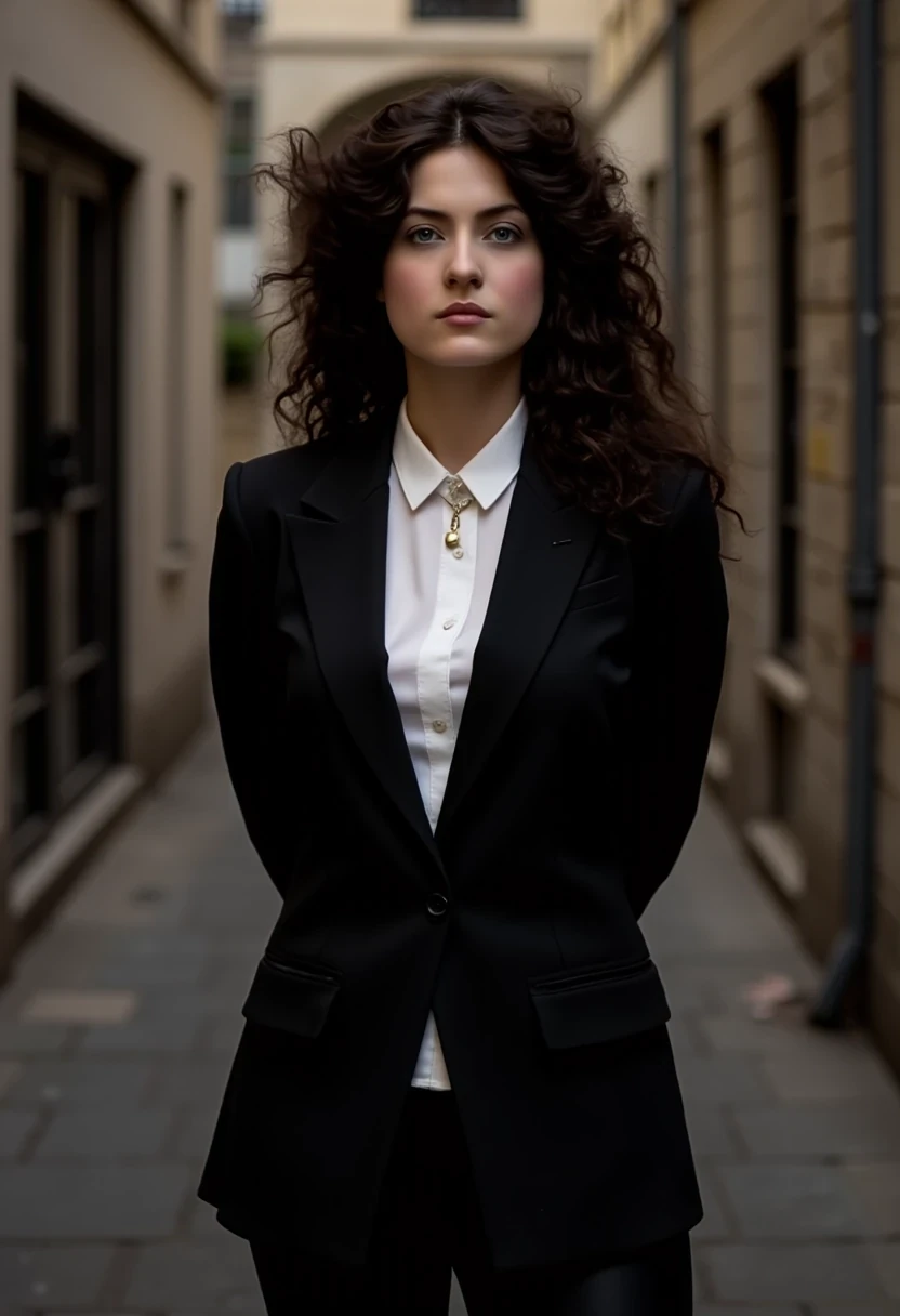 Woman CSTMDL, brunette, blue eyes, her hair are loose, she’s beautiful with a cold smile, wearing a tailored haute couture set, black blazer, black skirt, black tights and black high heels, elegant and modern, but very sexy. She also wears a white shirt under the blazer. Her clothes molds her sculptural body. Her expression is haughty and contemptuous. She looks like someone cold and unfriendly. Her skin tone is very white, (pallid), almost cadaveric. She’s wearing a small pendant. The background is a small deserted Parisian alley by (night). The light is very low, making the scene a bit worrying and frightening.