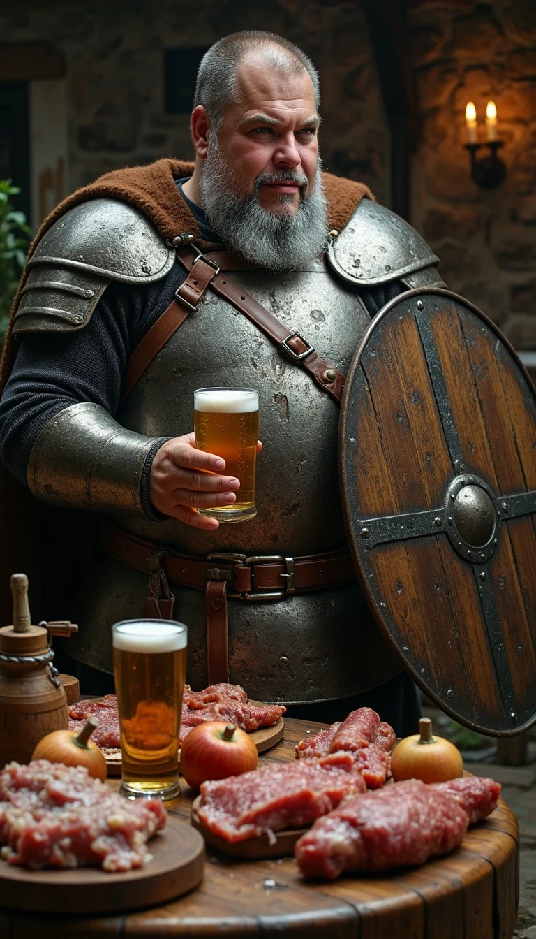 CSTMDL as grey bearded Viking with a stylish viking silver shiny Plate armour , standing beside a table full of meat , beer and wine , and he hold a big Wooden Beerbarrel, forward with the left hand,  in his right hand he hold high a typically fine ornated metal Viking shield 
