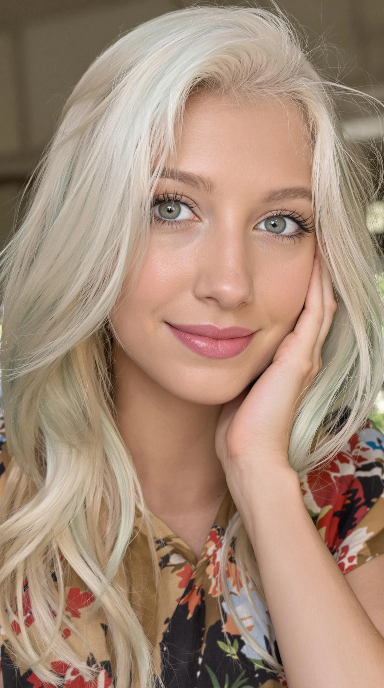 portrait of beautiful passionate petite young woman around 20years old looking to camera, beautiful big green eyes, platinum hair with little green shade, nice smile